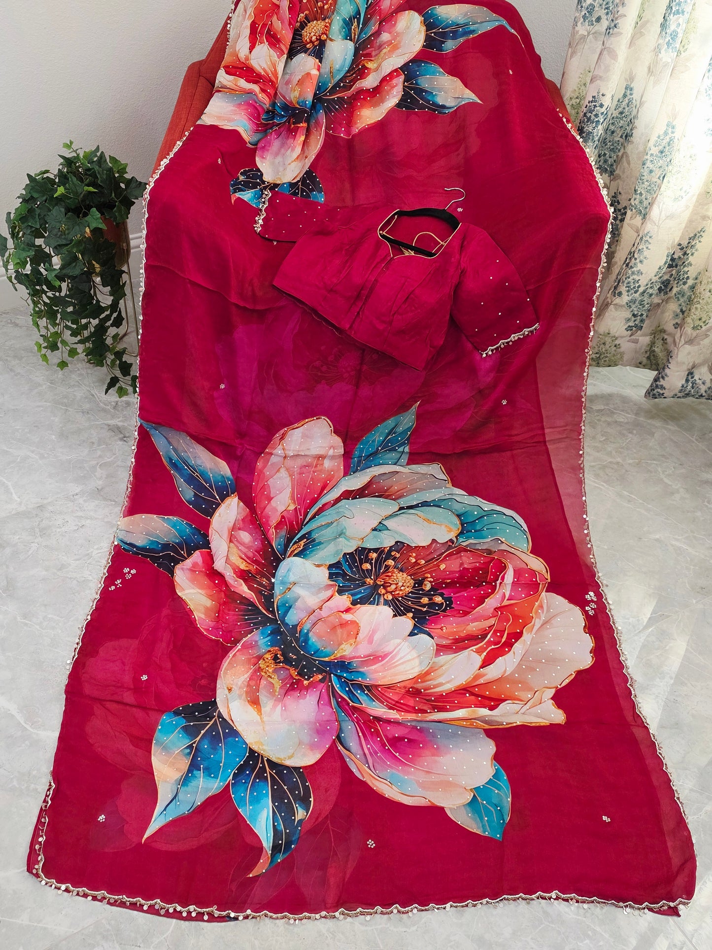 Crimson Bloom Luxe Soft Crepe Georgette Floral Saree with Sequins & Scalloped Border – Stitched Blouse Set