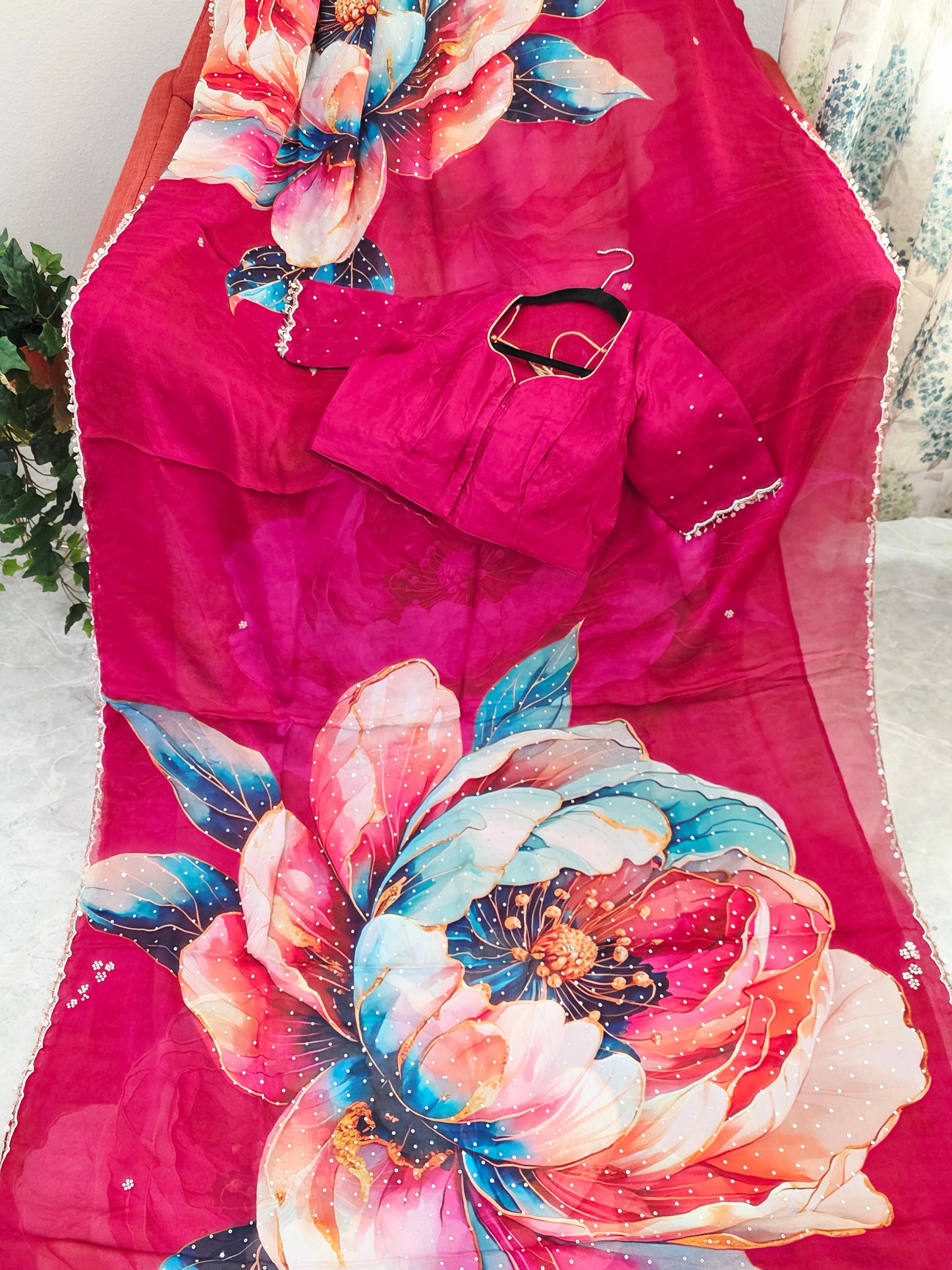 Crimson Bloom Luxe Soft Crepe Georgette Floral Saree with Sequins & Scalloped Border – Stitched Blouse Set