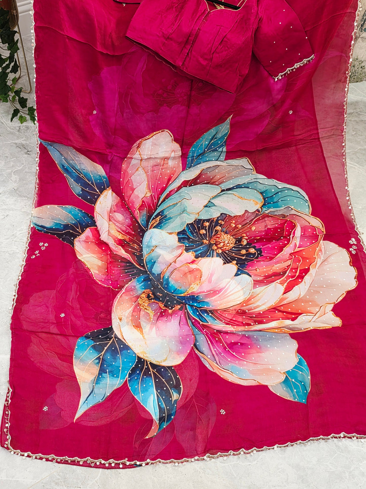 Crimson Bloom Luxe Soft Crepe Georgette Floral Saree with Sequins & Scalloped Border – Stitched Blouse Set