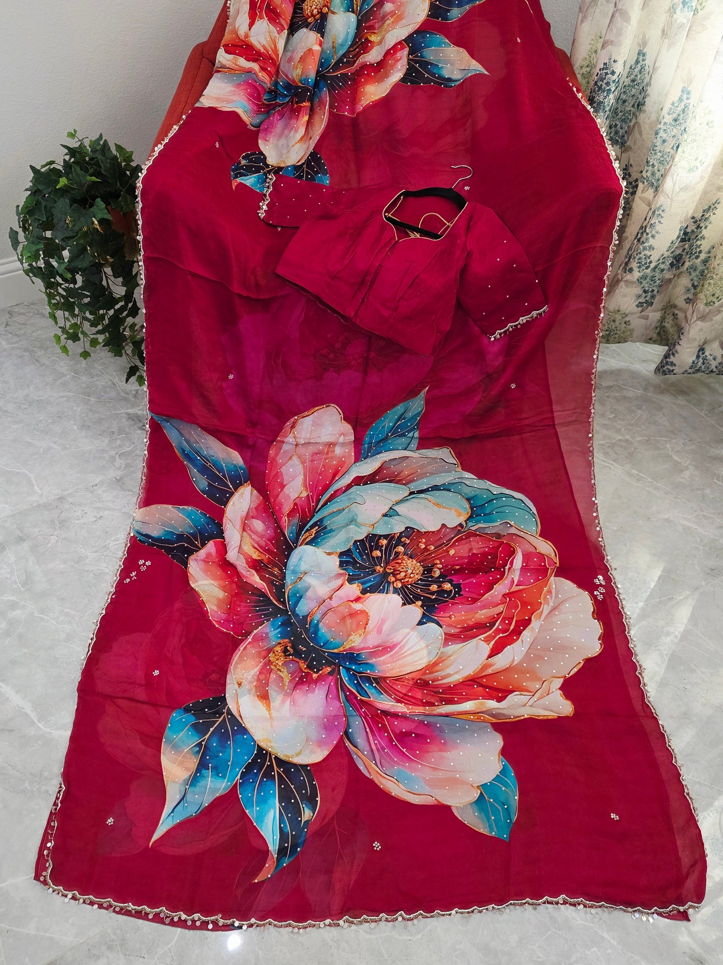 Crimson Bloom Luxe Soft Crepe Georgette Floral Saree with Sequins & Scalloped Border – Stitched Blouse Set