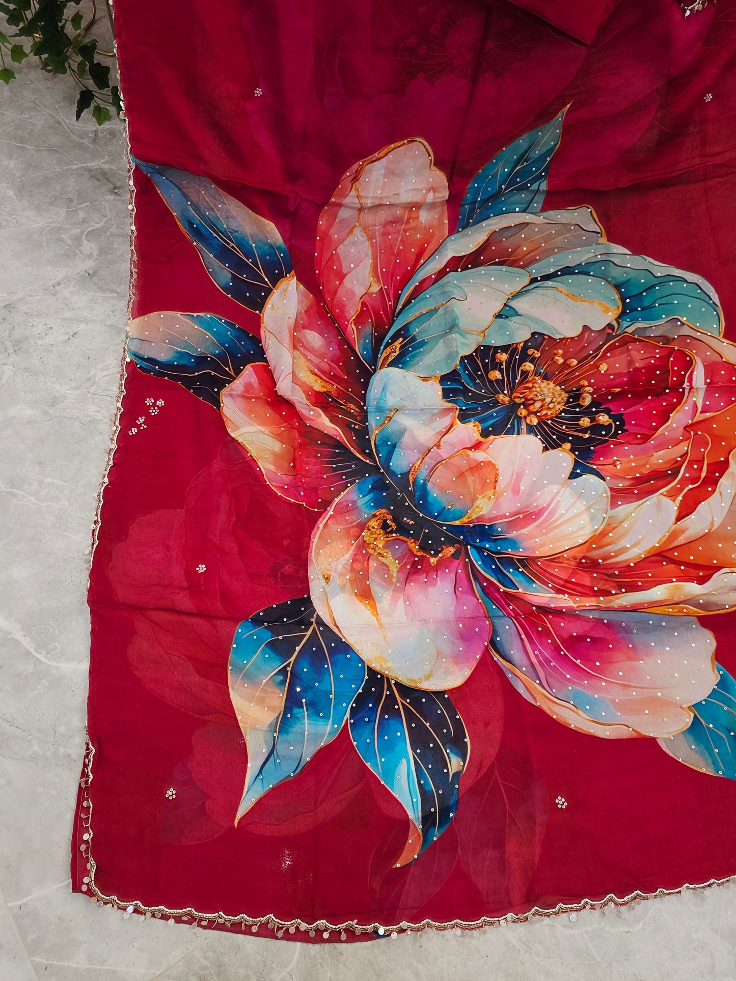 Crimson Bloom Luxe Soft Crepe Georgette Floral Saree with Sequins & Scalloped Border – Stitched Blouse Set