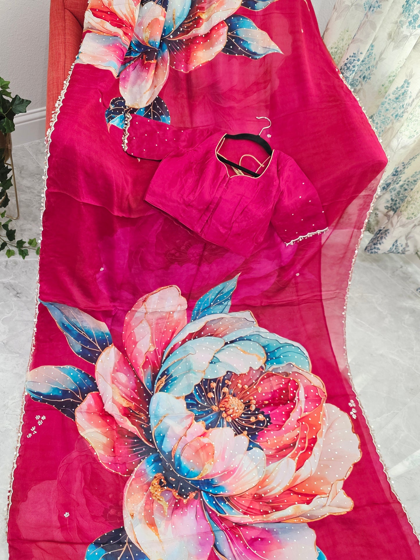 Crimson Bloom Luxe Soft Crepe Georgette Floral Saree with Sequins & Scalloped Border – Stitched Blouse Set
