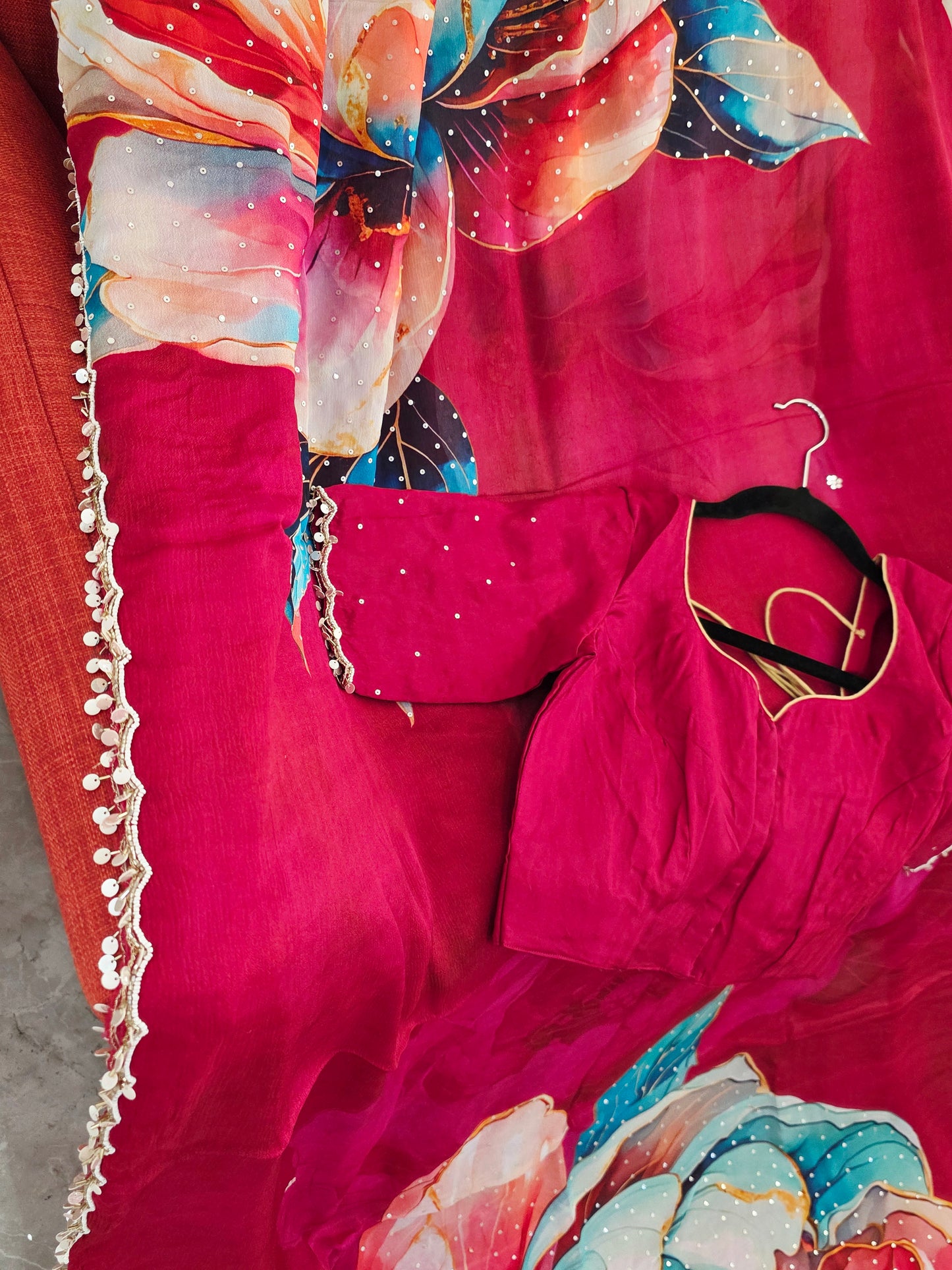 Crimson Bloom Luxe Soft Crepe Georgette Floral Saree with Sequins & Scalloped Border – Stitched Blouse Set