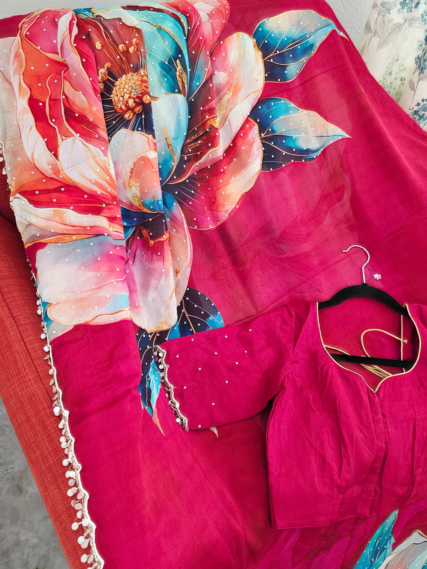Crimson Bloom Luxe Soft Crepe Georgette Floral Saree with Sequins & Scalloped Border – Stitched Blouse Set