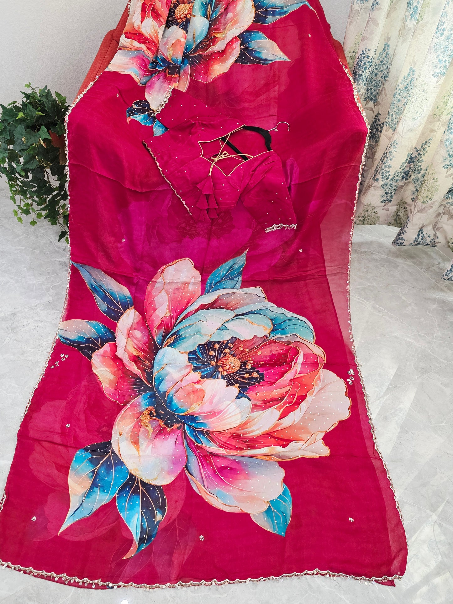 Crimson Bloom Luxe Soft Crepe Georgette Floral Saree with Sequins & Scalloped Border – Stitched Blouse Set