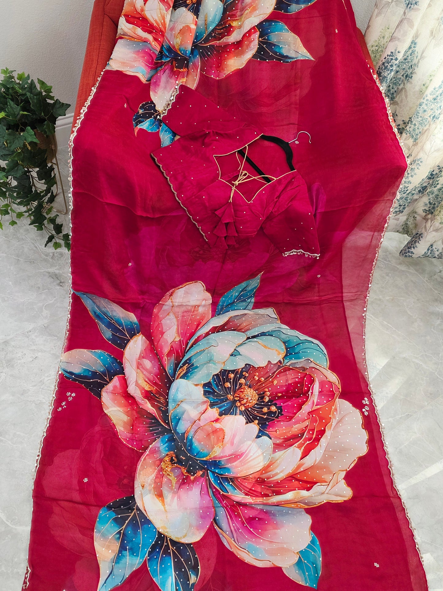 Crimson Bloom Luxe Soft Crepe Georgette Floral Saree with Sequins & Scalloped Border – Stitched Blouse Set