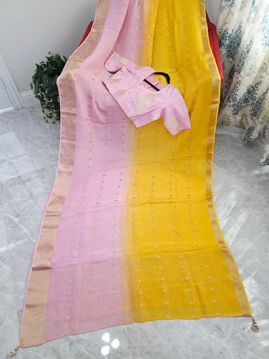 Blush Rose to Sunlit Yellow Ombre Dola Crepe Saree with Munga Silk Blouse