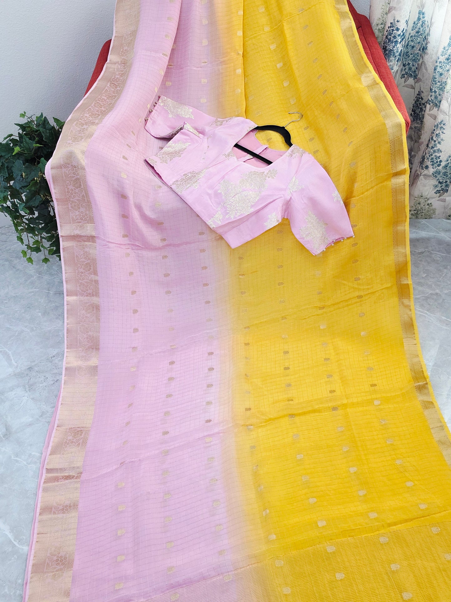 Blush Rose to Sunlit Yellow Ombre Dola Crepe Saree with Munga Silk Blouse