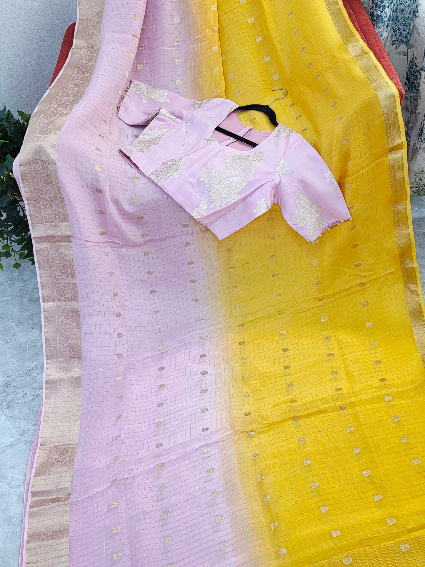 Blush Rose to Sunlit Yellow Ombre Dola Crepe Saree with Munga Silk Blouse
