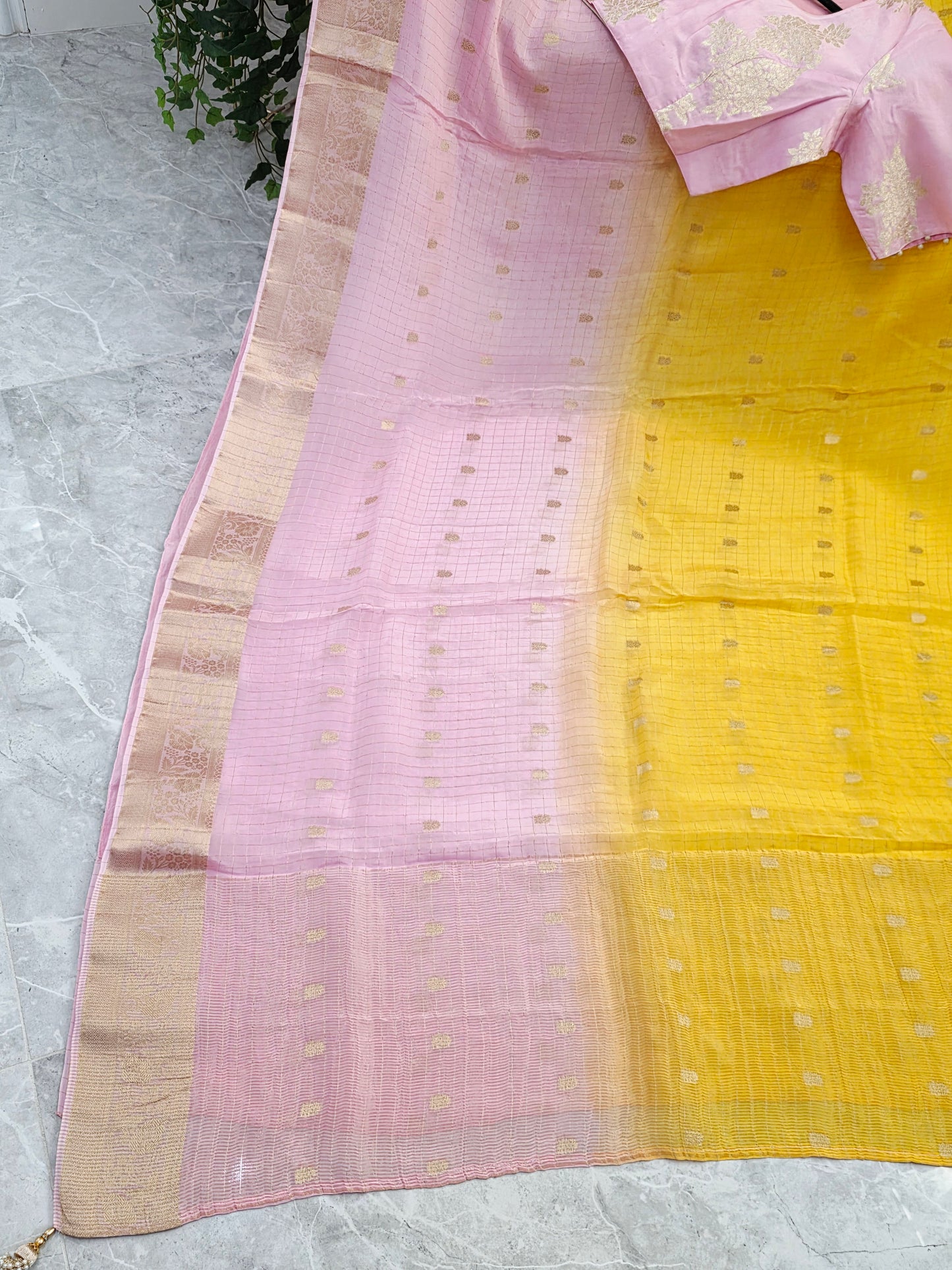 Blush Rose to Sunlit Yellow Ombre Dola Crepe Saree with Munga Silk Blouse