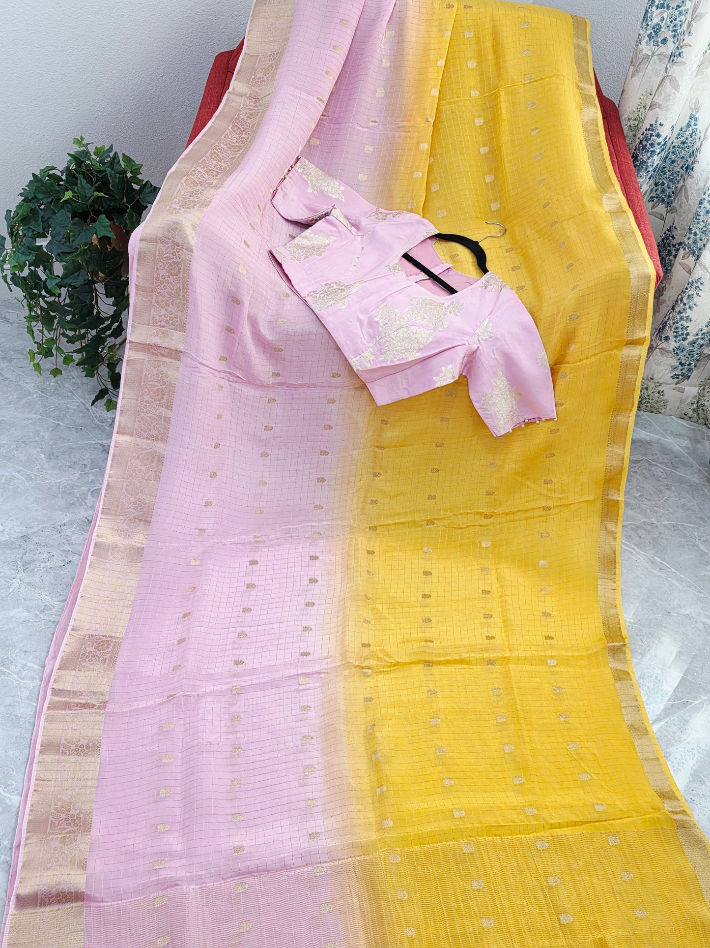 Blush Rose to Sunlit Yellow Ombre Dola Crepe Saree with Munga Silk Blouse