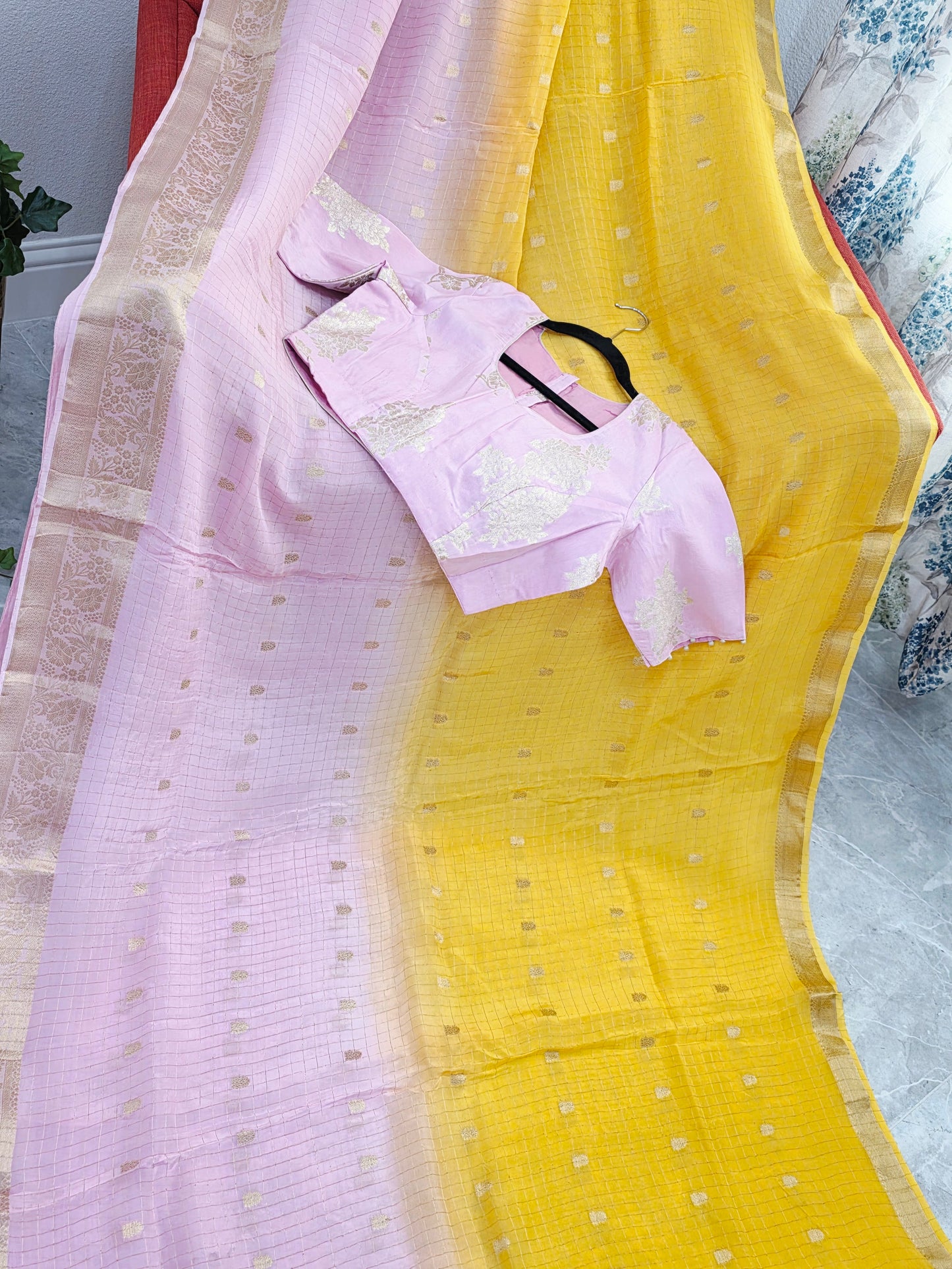 Blush Rose to Sunlit Yellow Ombre Dola Crepe Saree with Munga Silk Blouse