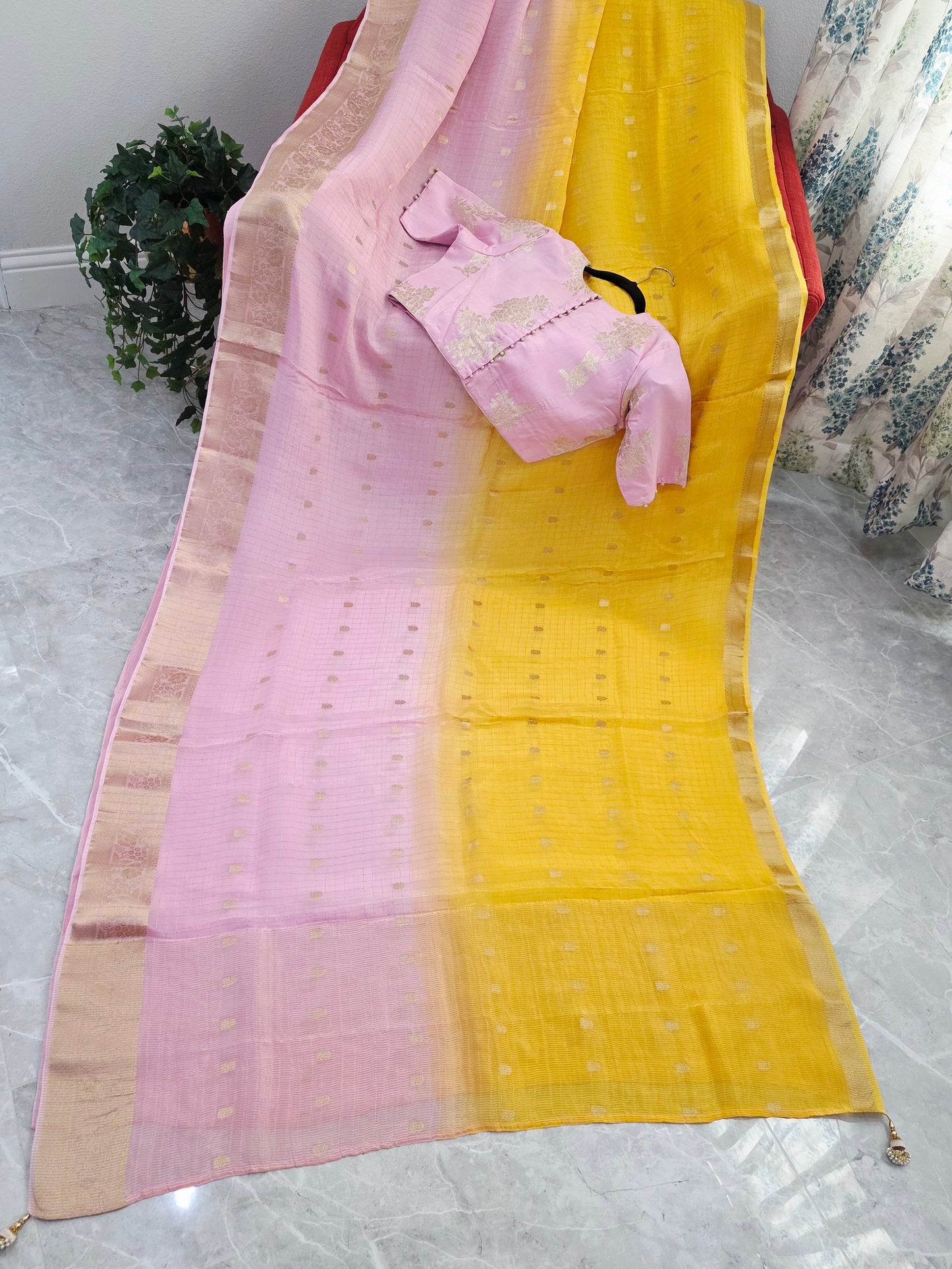 Blush Rose to Sunlit Yellow Ombre Dola Crepe Saree with Munga Silk Blouse