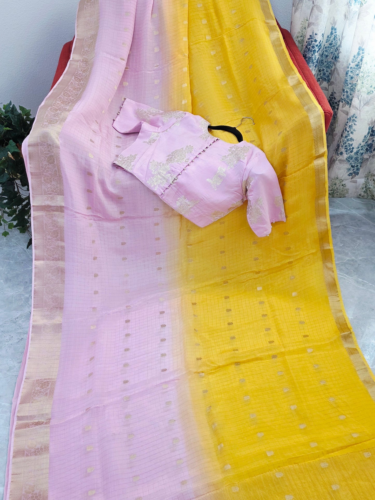 Blush Rose to Sunlit Yellow Ombre Dola Crepe Saree with Munga Silk Blouse