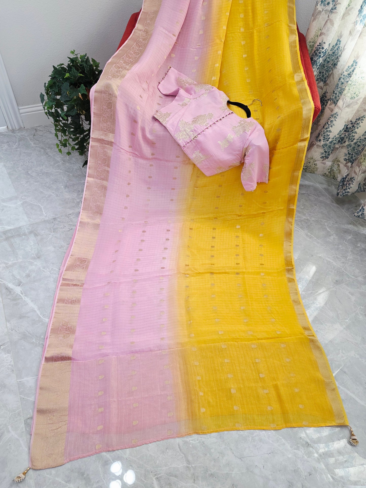 Blush Rose to Sunlit Yellow Ombre Dola Crepe Saree with Munga Silk Blouse