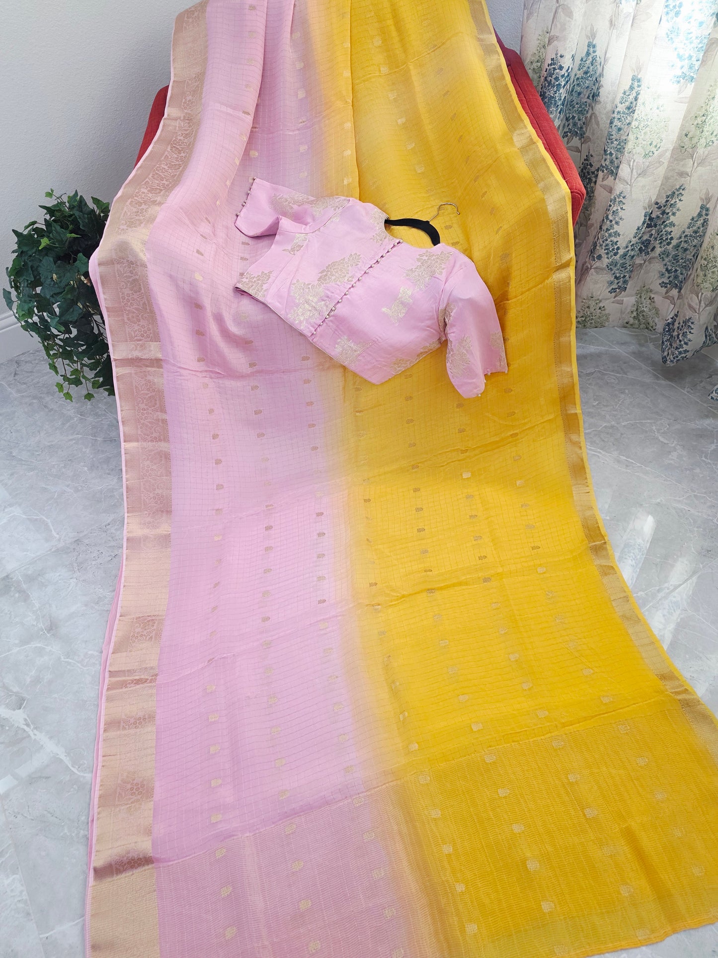 Blush Rose to Sunlit Yellow Ombre Dola Crepe Saree with Munga Silk Blouse