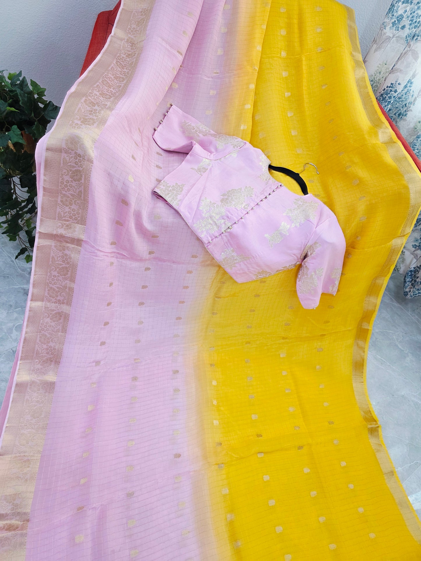 Blush Rose to Sunlit Yellow Ombre Dola Crepe Saree with Munga Silk Blouse