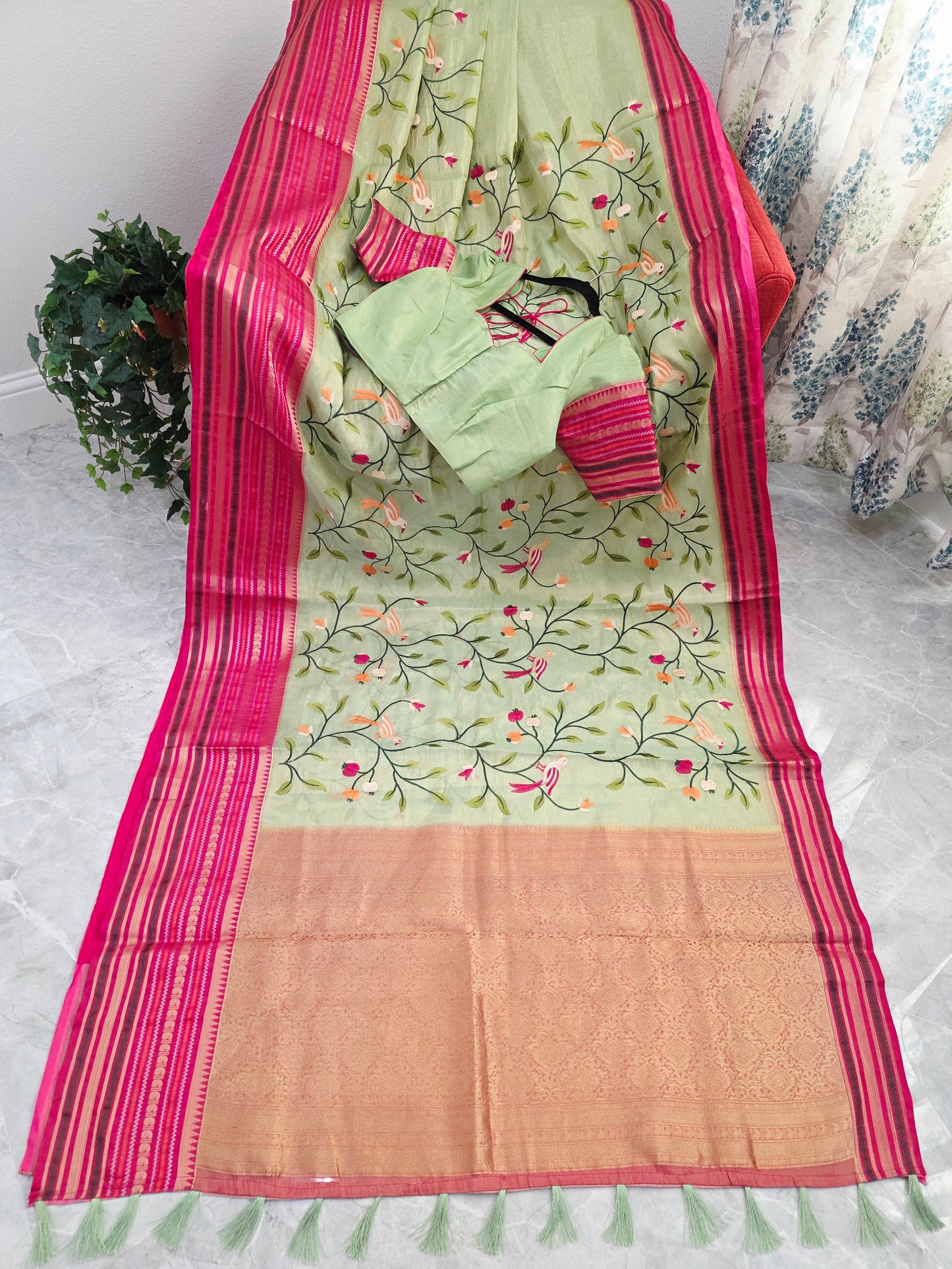 Mint Meadow Green & Rani Pink Zari Tissue Saree with Bird Embroidery