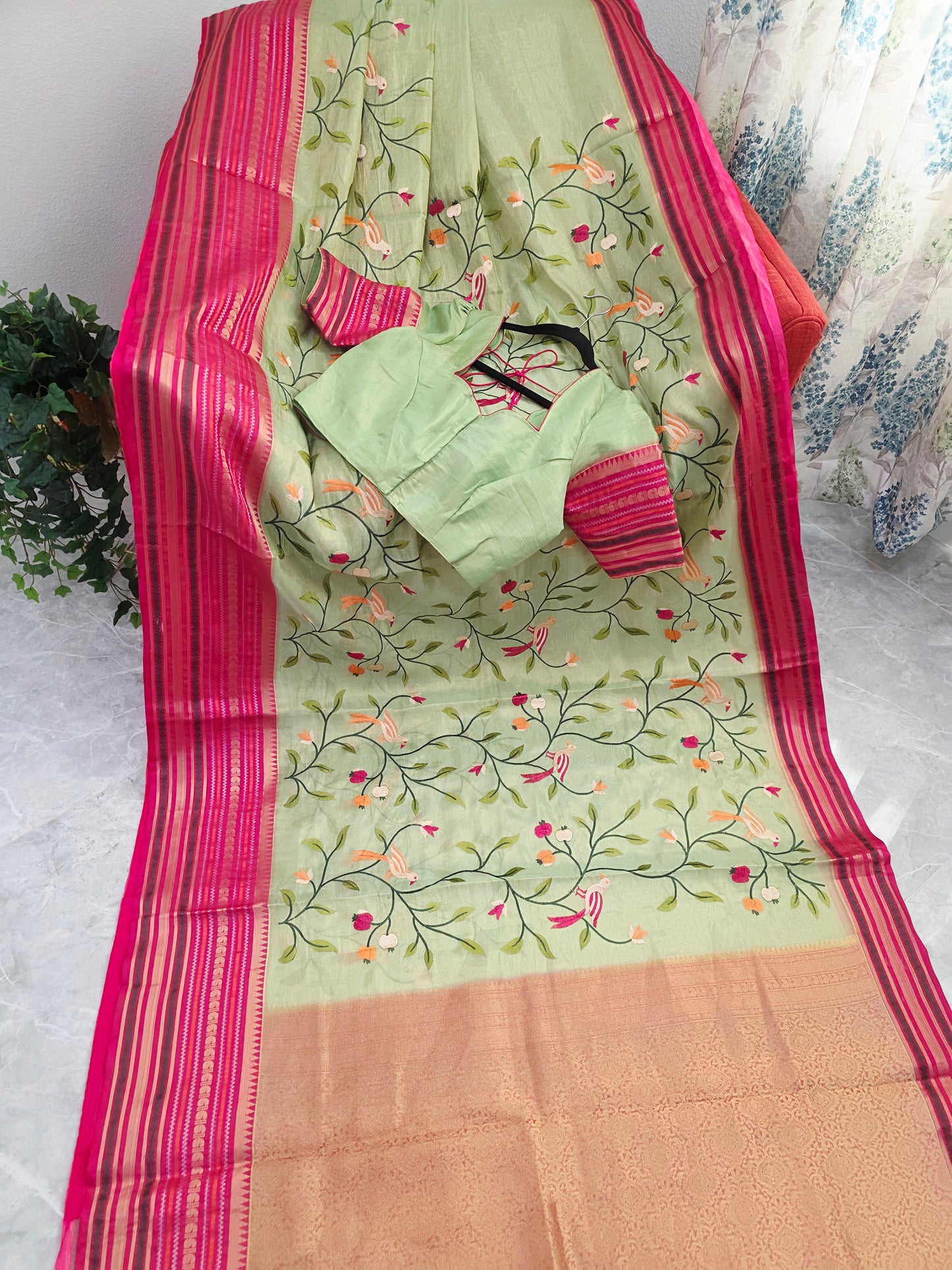 Mint Meadow Green & Rani Pink Zari Tissue Saree with Bird Embroidery