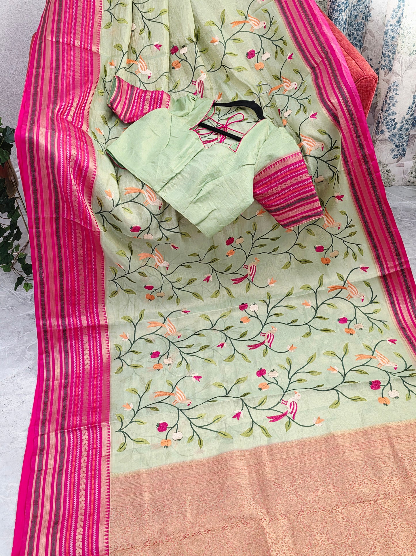 Mint Meadow Green & Rani Pink Zari Tissue Saree with Bird Embroidery