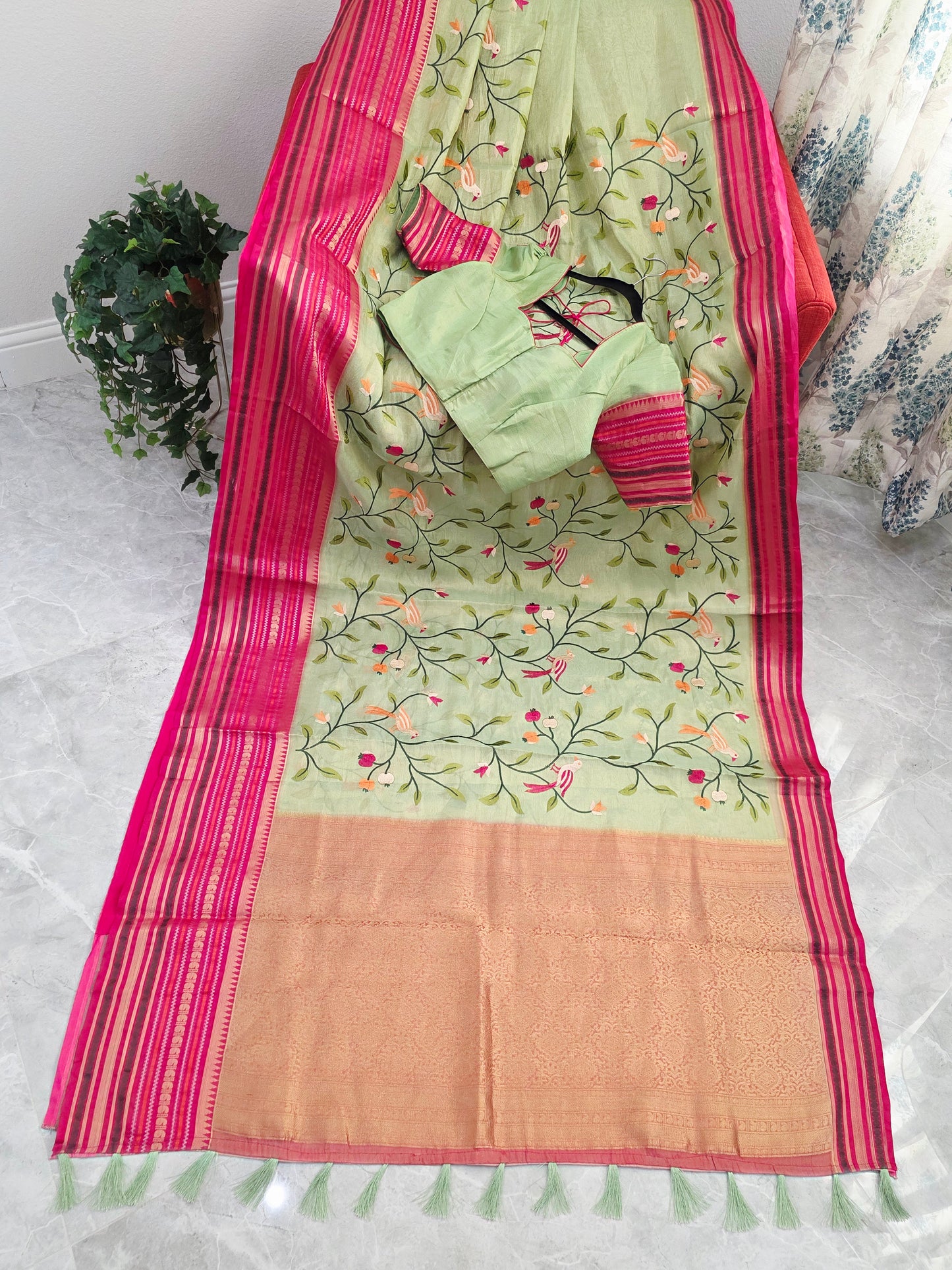 Mint Meadow Green & Rani Pink Zari Tissue Saree with Bird Embroidery