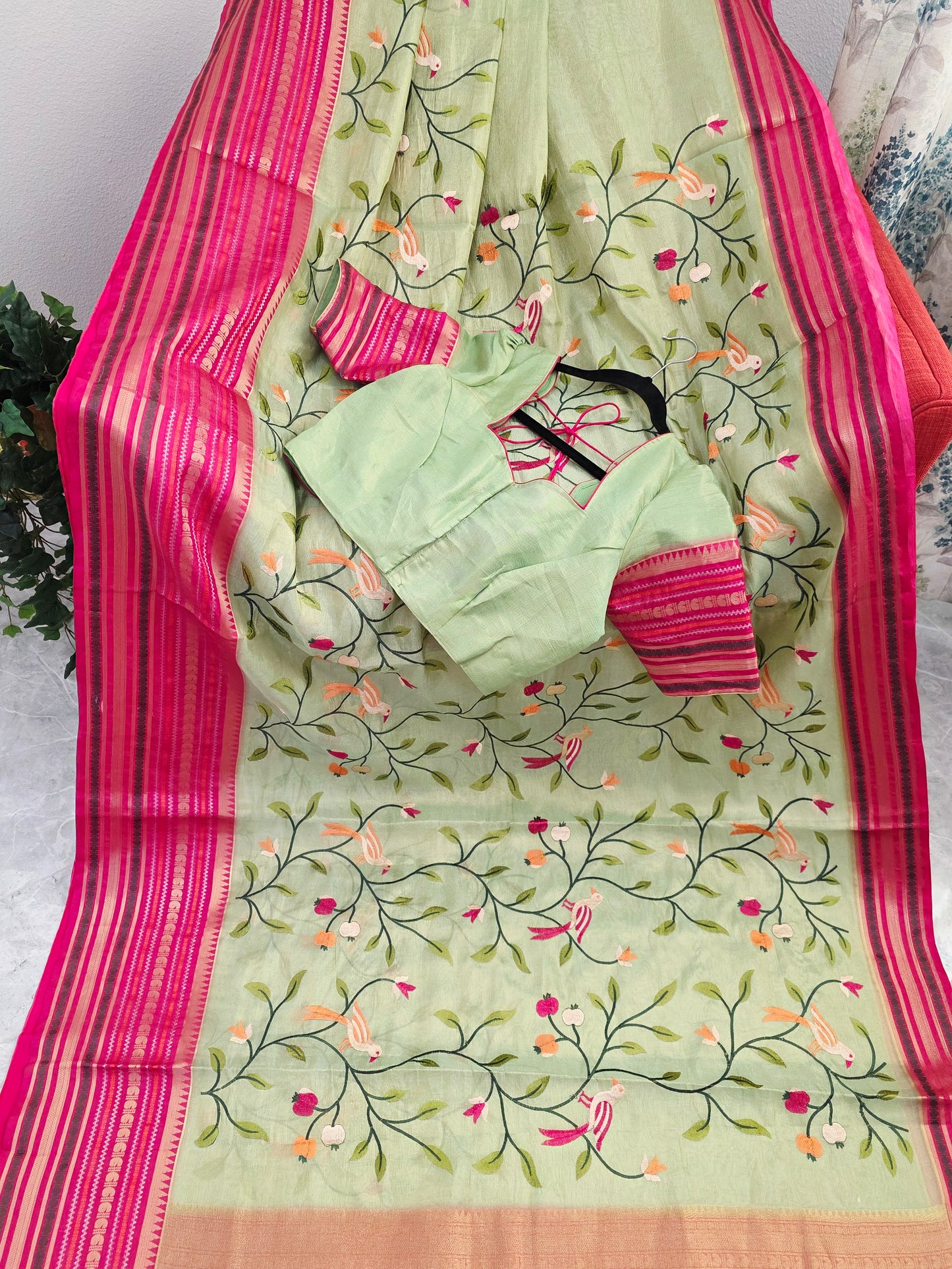 Mint Meadow Green & Rani Pink Zari Tissue Saree with Bird Embroidery