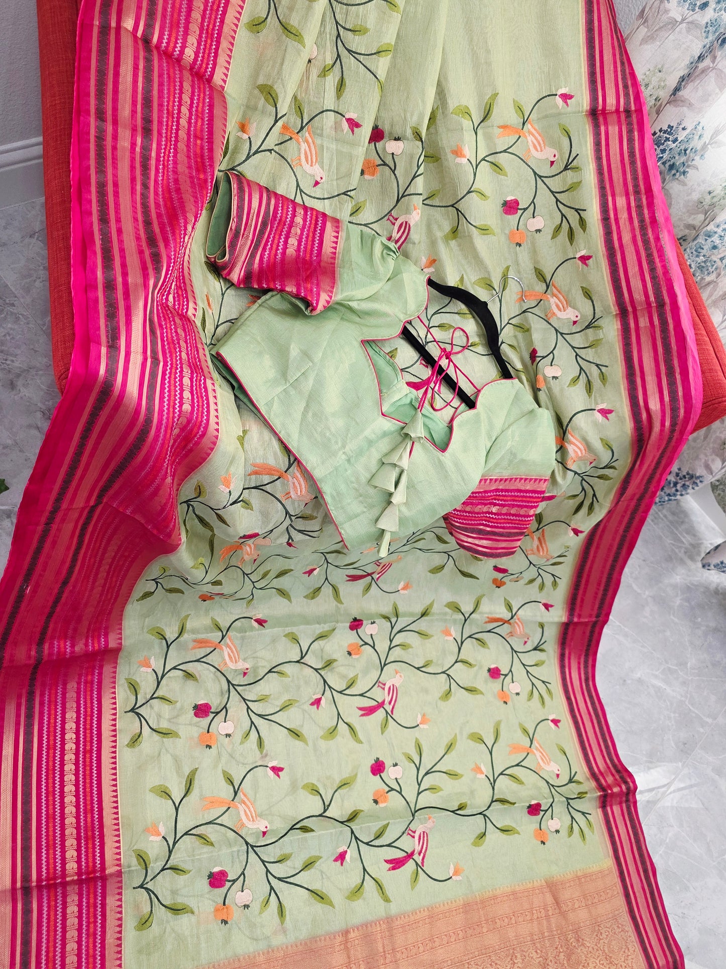Mint Meadow Green & Rani Pink Zari Tissue Saree with Bird Embroidery