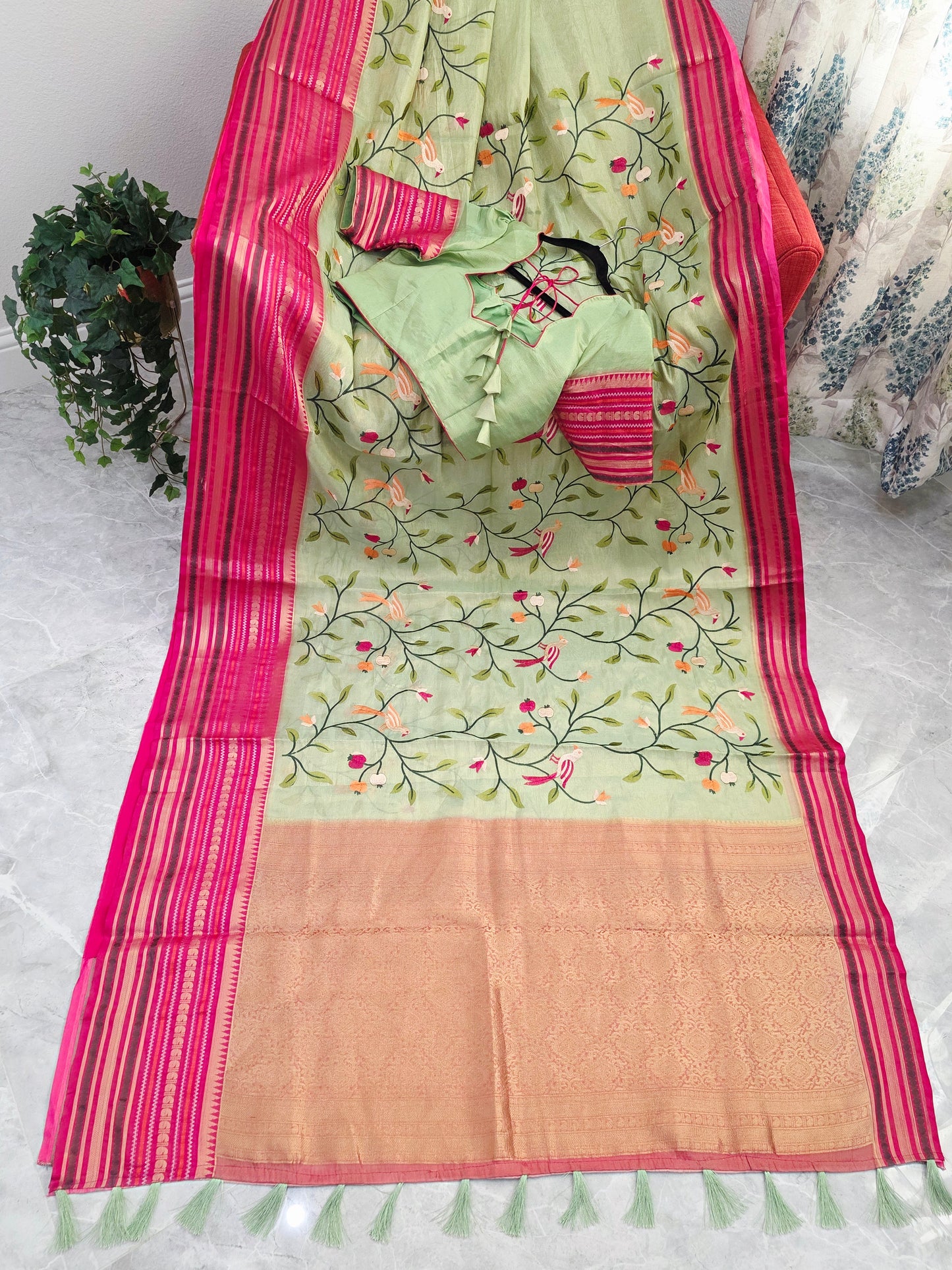 Mint Meadow Green & Rani Pink Zari Tissue Saree with Bird Embroidery