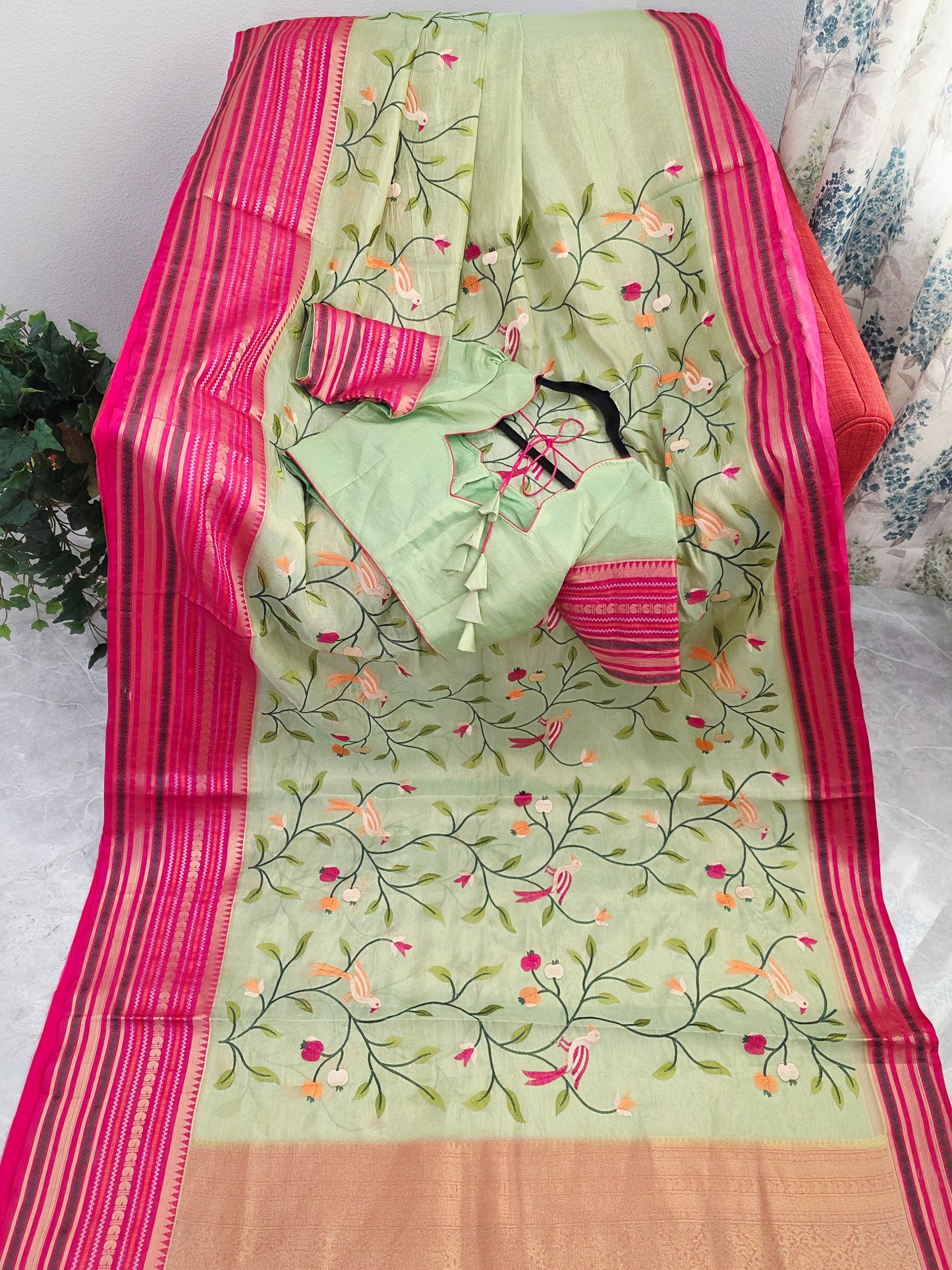 Mint Meadow Green & Rani Pink Zari Tissue Saree with Bird Embroidery