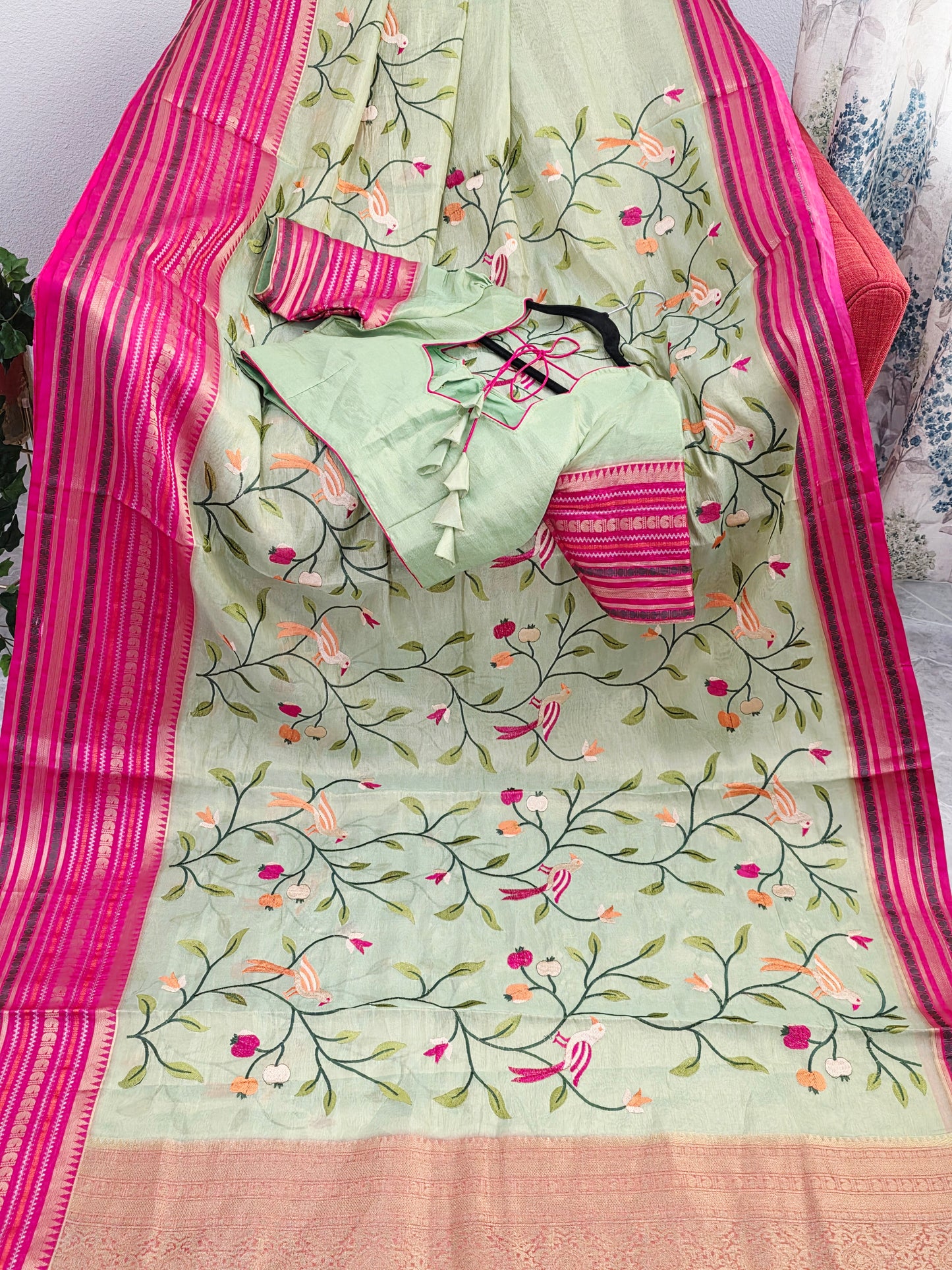 Mint Meadow Green & Rani Pink Zari Tissue Saree with Bird Embroidery