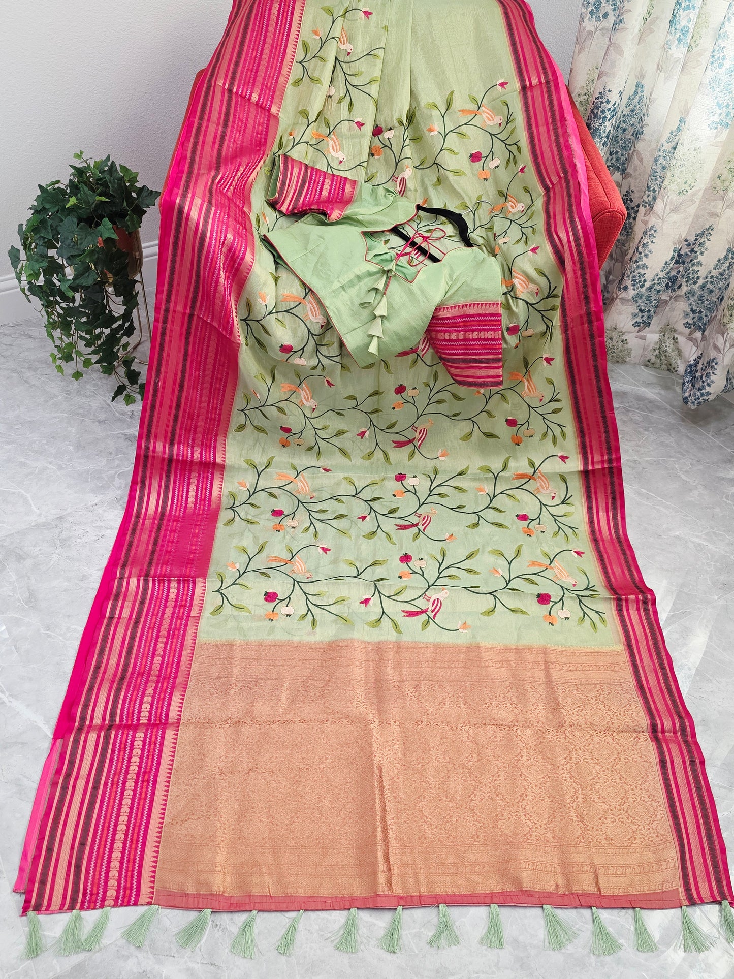 Mint Meadow Green & Rani Pink Zari Tissue Saree with Bird Embroidery
