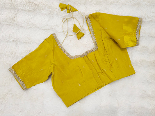 Haldi Gold Radiance Munga Silk Designer Blouse with Lace Embellishment
