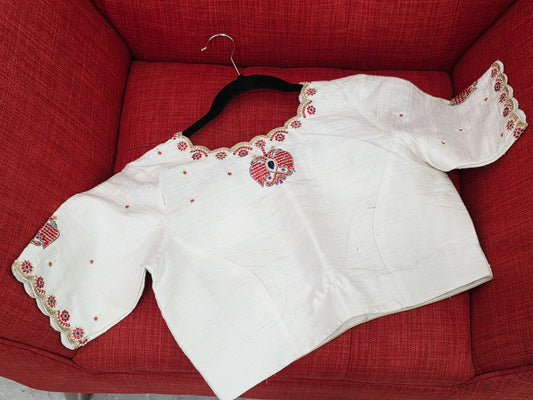 Ivory Pearl Off-White Pure Raw Silk Maggam Embroidered Elephant Motif Designer Blouse