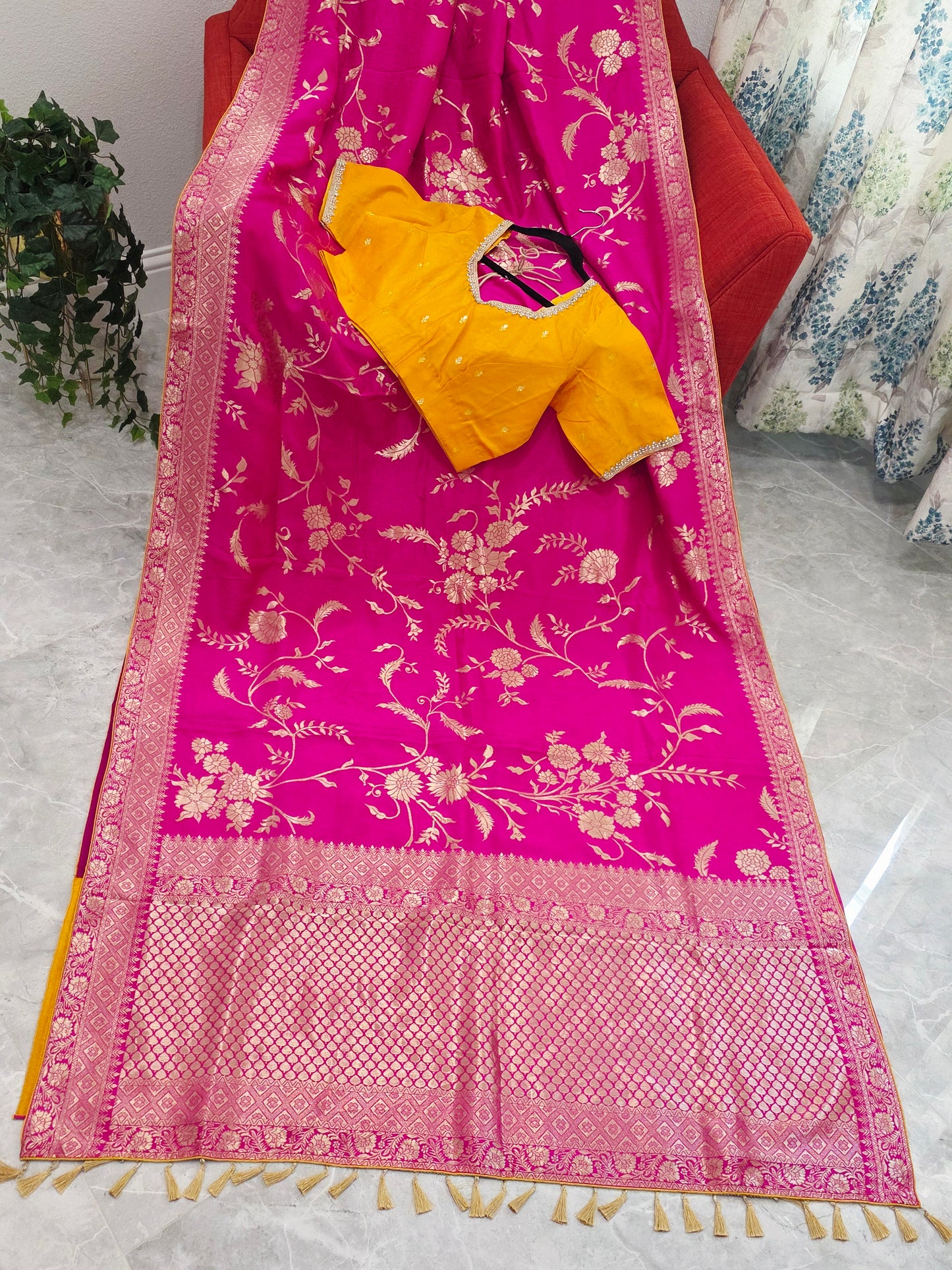Royal Rani Pink Munga Crepe Silk Saree with Meenakari Floral Zari Weaving & Designer Blouse