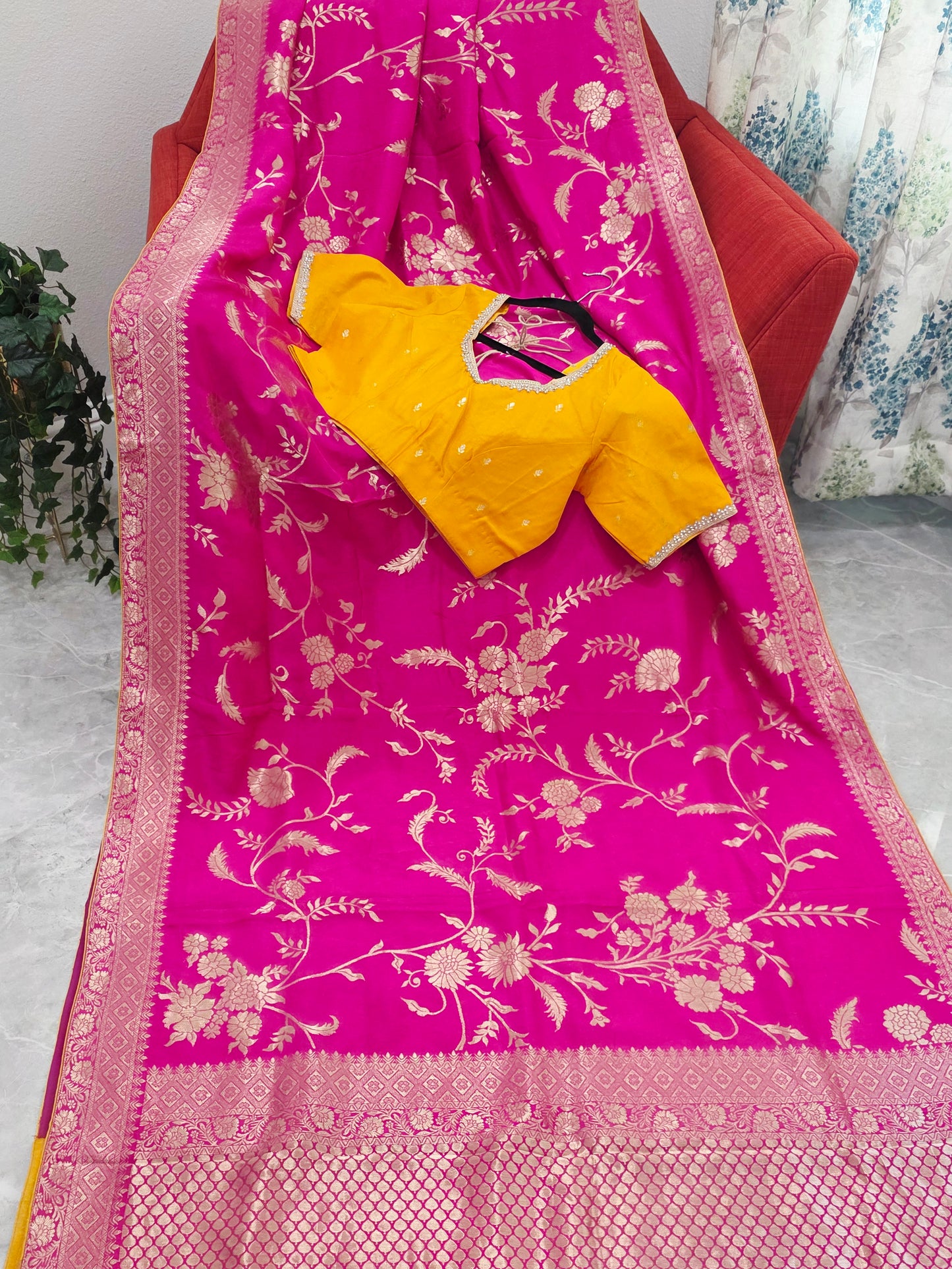 Royal Rani Pink Munga Crepe Silk Saree with Meenakari Floral Zari Weaving & Designer Blouse