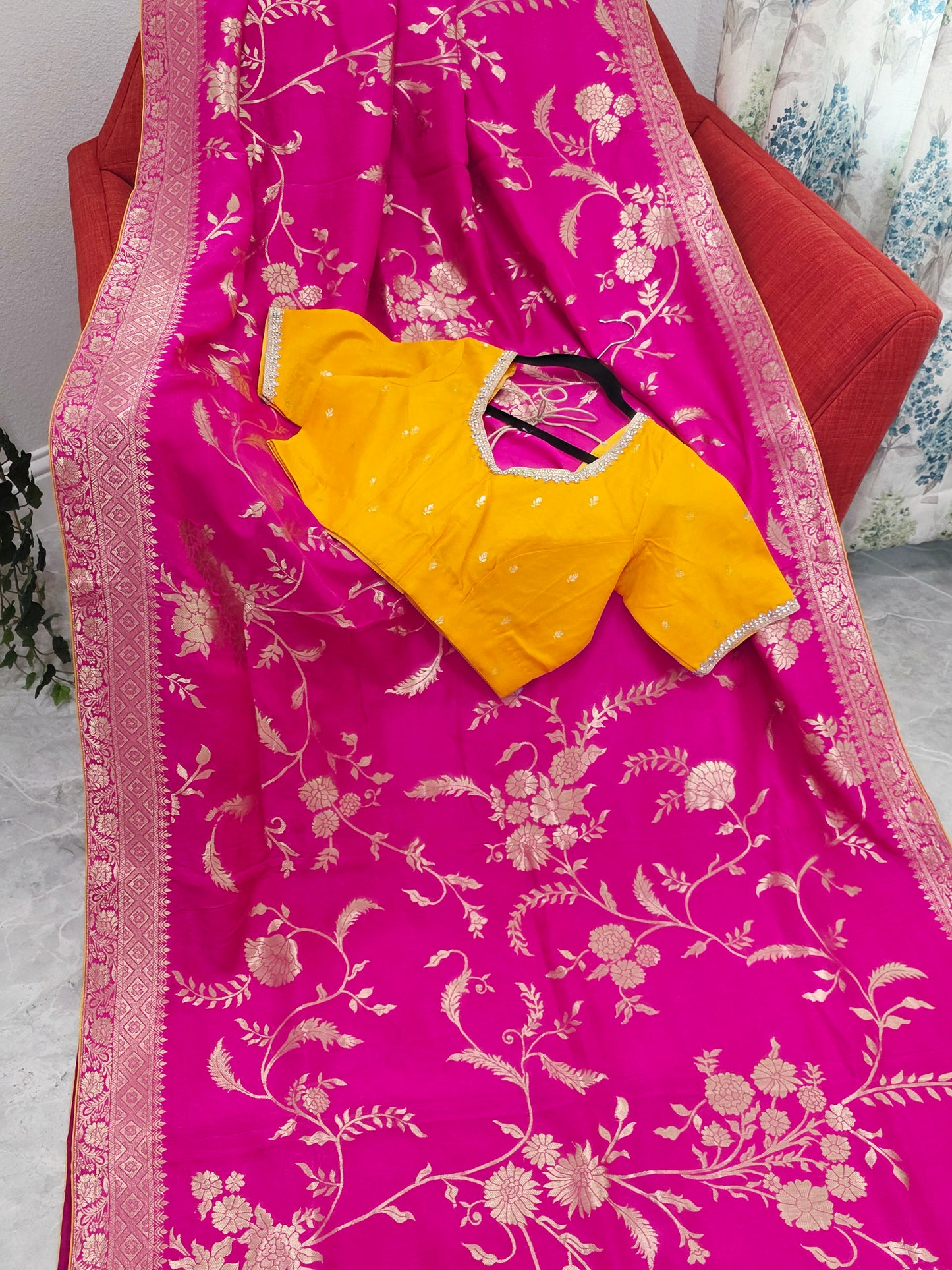 Royal Rani Pink Munga Crepe Silk Saree with Meenakari Floral Zari Weaving & Designer Blouse