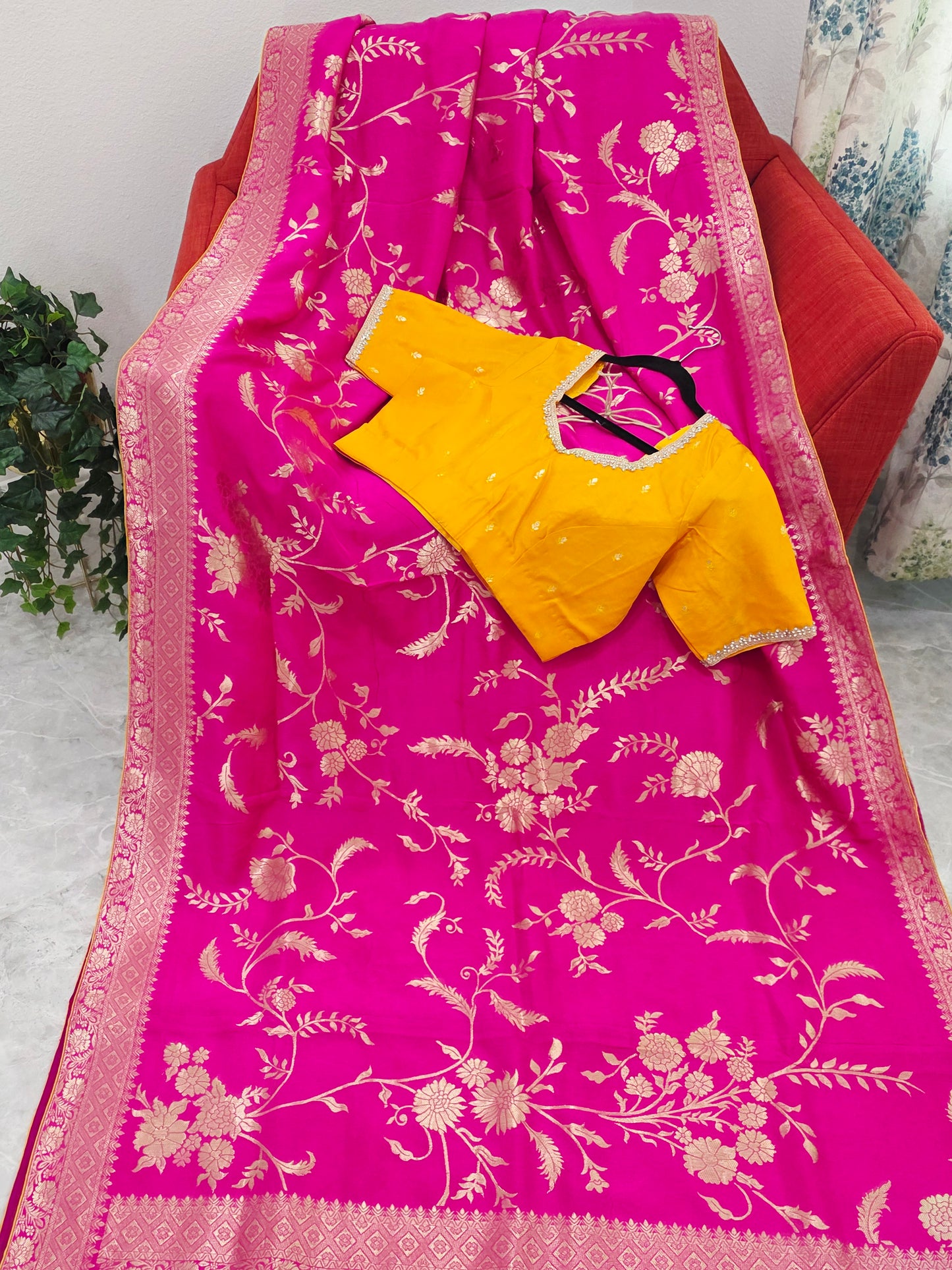 Royal Rani Pink Munga Crepe Silk Saree with Meenakari Floral Zari Weaving & Designer Blouse