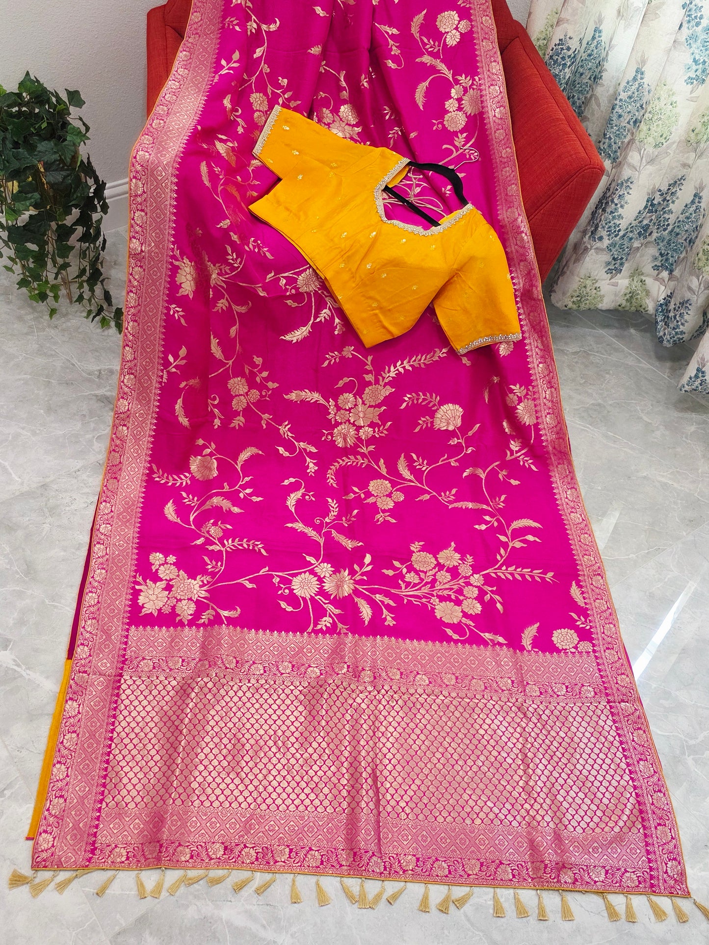 Royal Rani Pink Munga Crepe Silk Saree with Meenakari Floral Zari Weaving & Designer Blouse