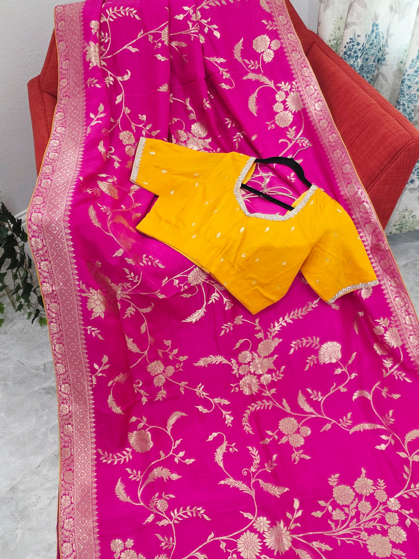 Royal Rani Pink Munga Crepe Silk Saree with Meenakari Floral Zari Weaving & Designer Blouse