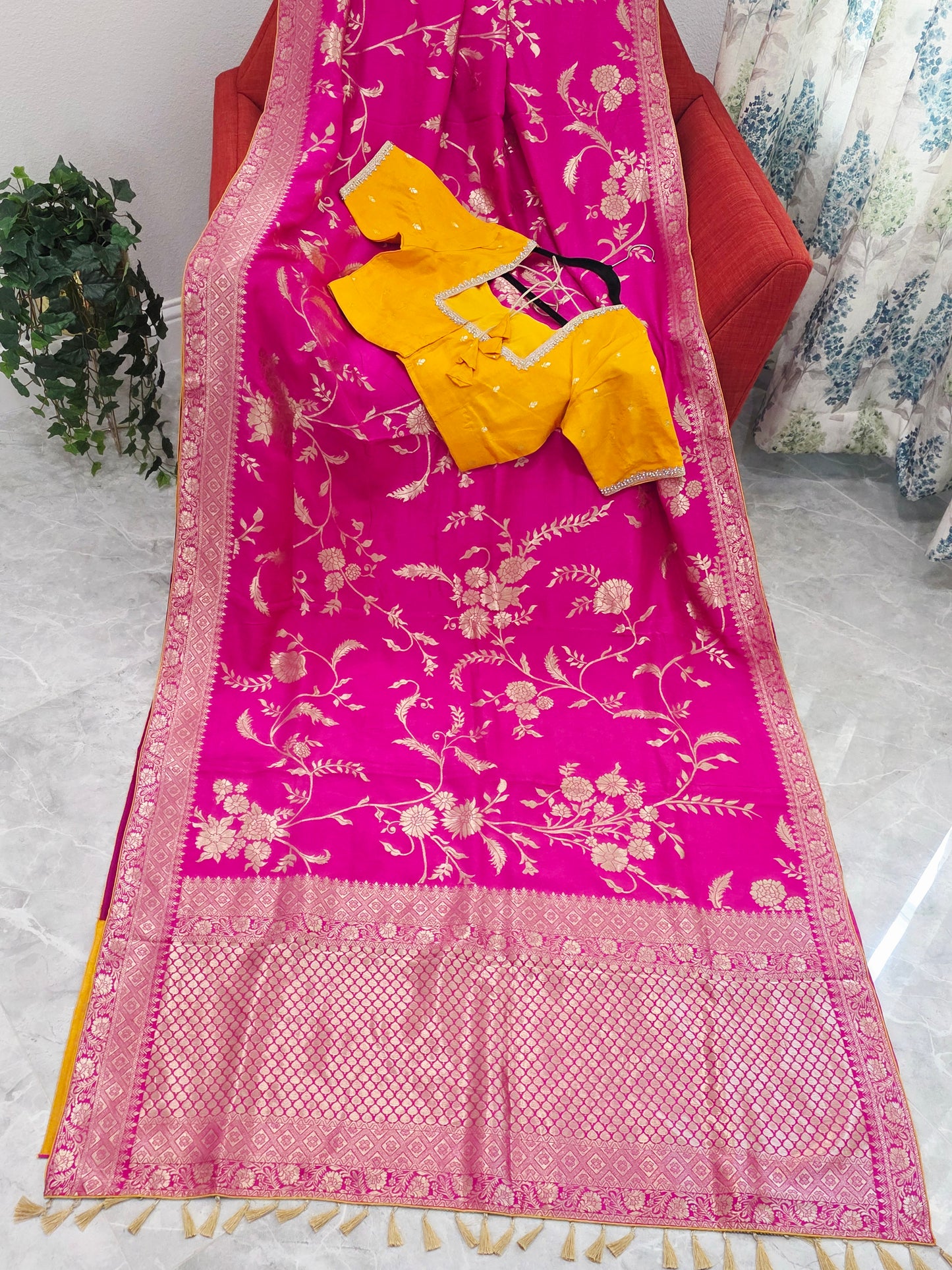 Royal Rani Pink Munga Crepe Silk Saree with Meenakari Floral Zari Weaving & Designer Blouse