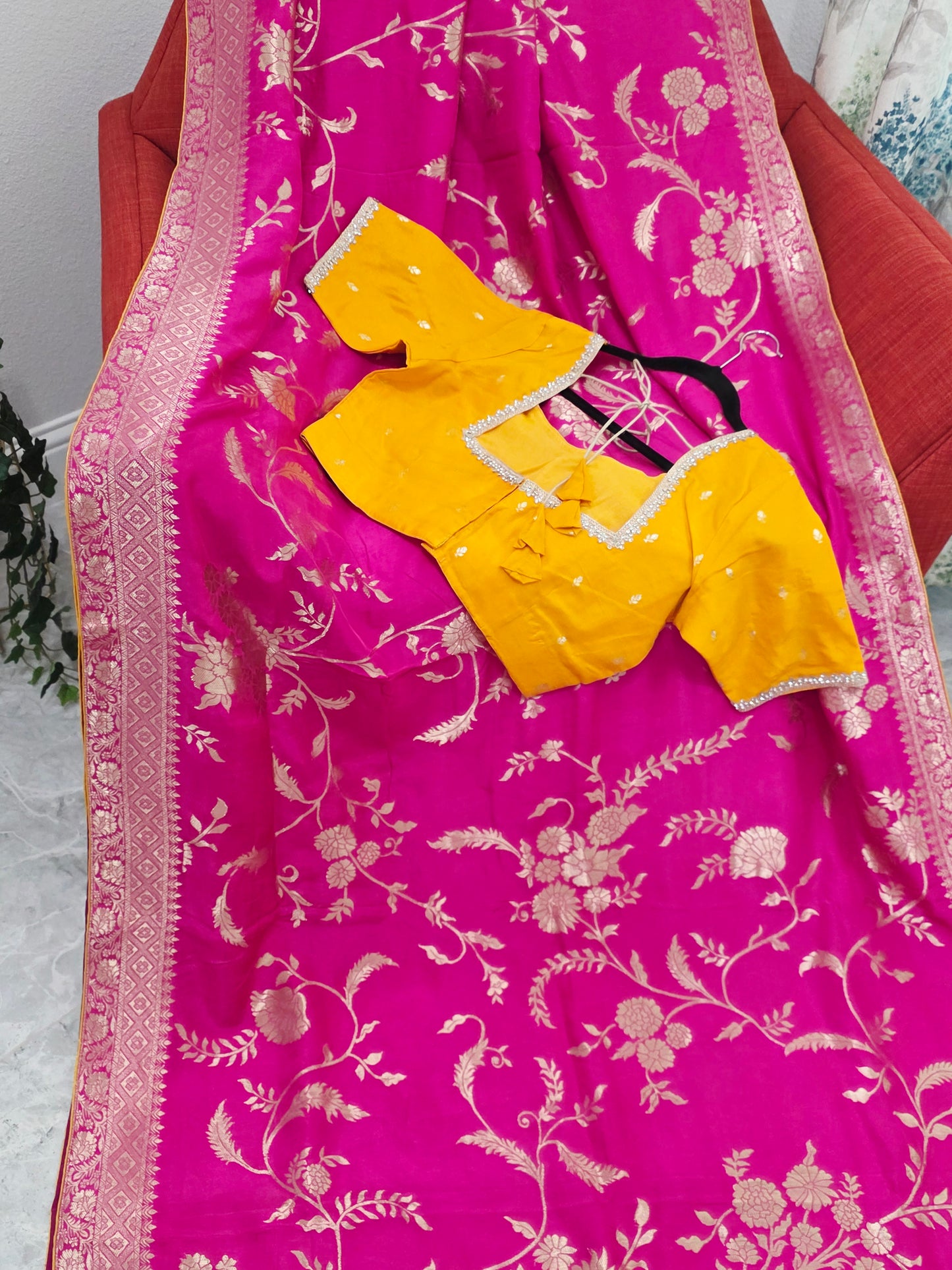 Royal Rani Pink Munga Crepe Silk Saree with Meenakari Floral Zari Weaving & Designer Blouse