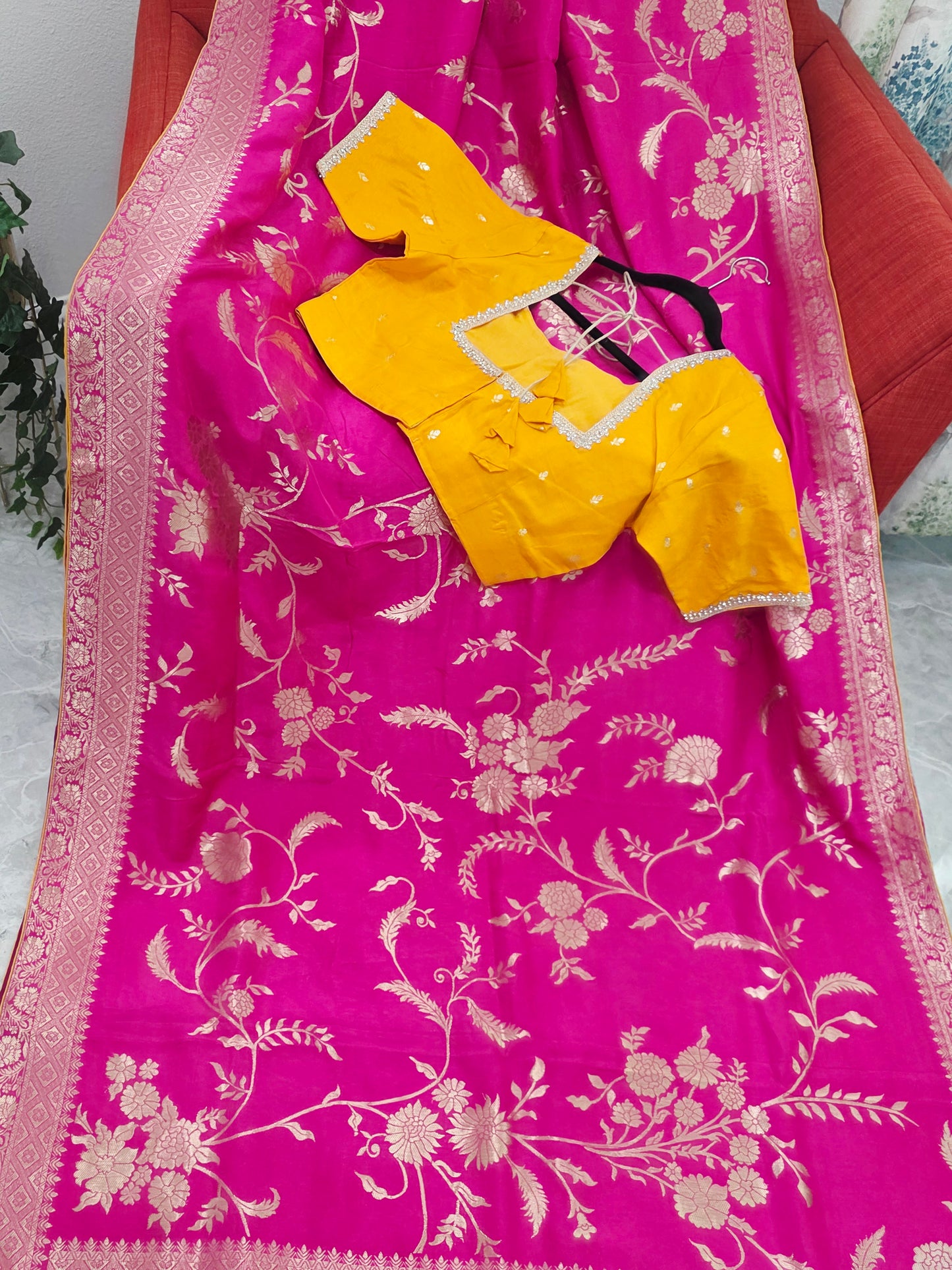 Royal Rani Pink Munga Crepe Silk Saree with Meenakari Floral Zari Weaving & Designer Blouse