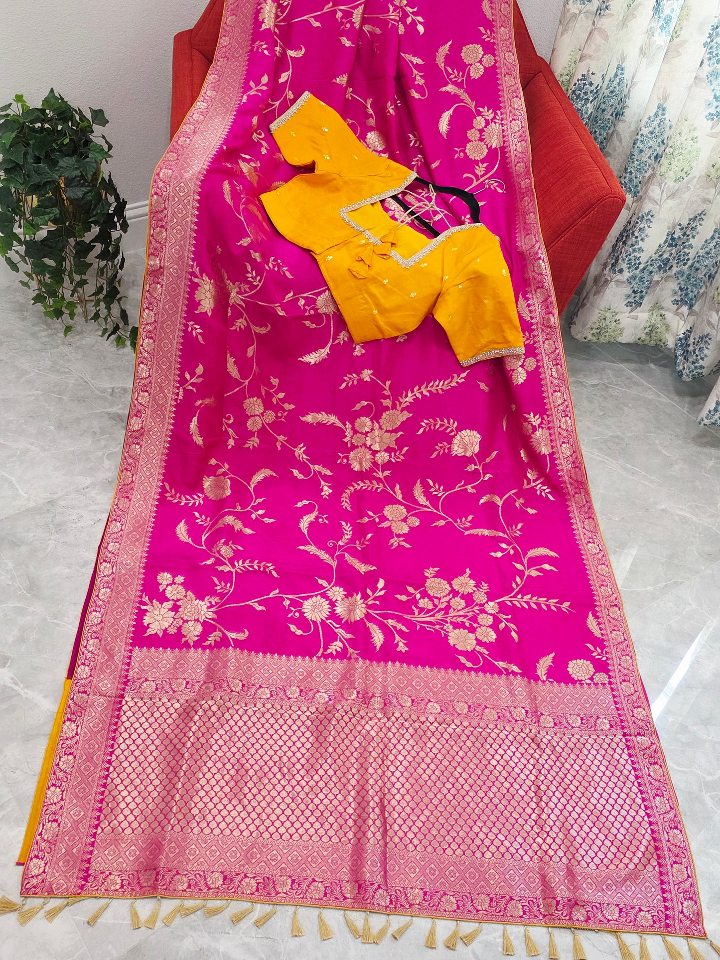 Royal Rani Pink Munga Crepe Silk Saree with Meenakari Floral Zari Weaving & Designer Blouse