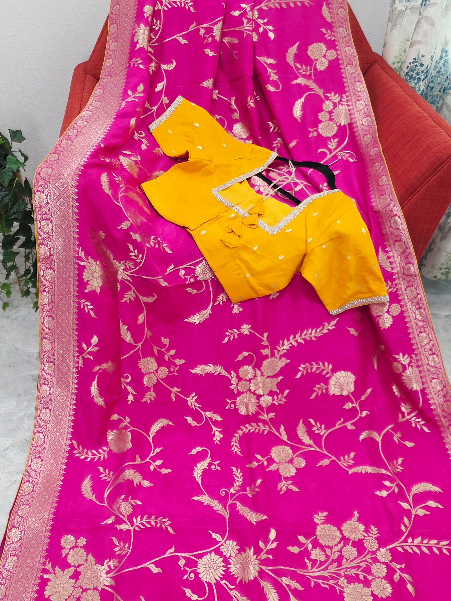 Royal Rani Pink Munga Crepe Silk Saree with Meenakari Floral Zari Weaving & Designer Blouse
