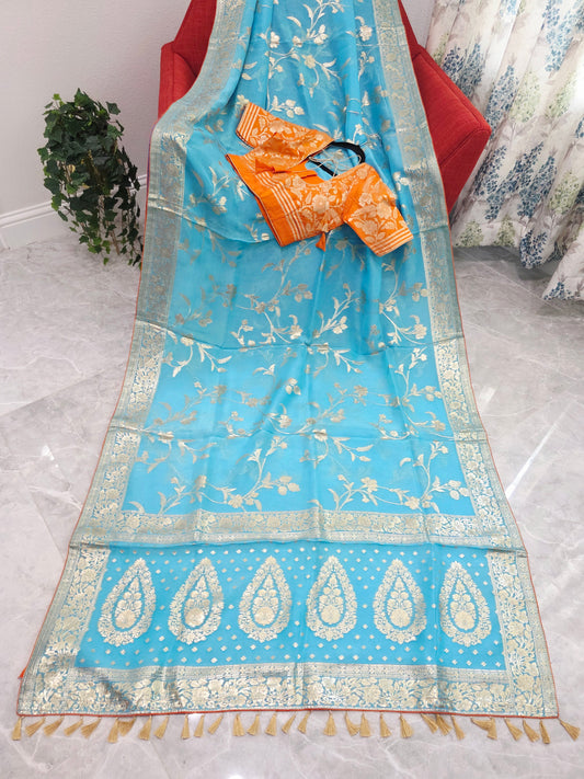 Sky Blue & Antique Gold Soft Khadi Viscose Organza Silk Saree with Floral Zari Weaving & Designer Blouse