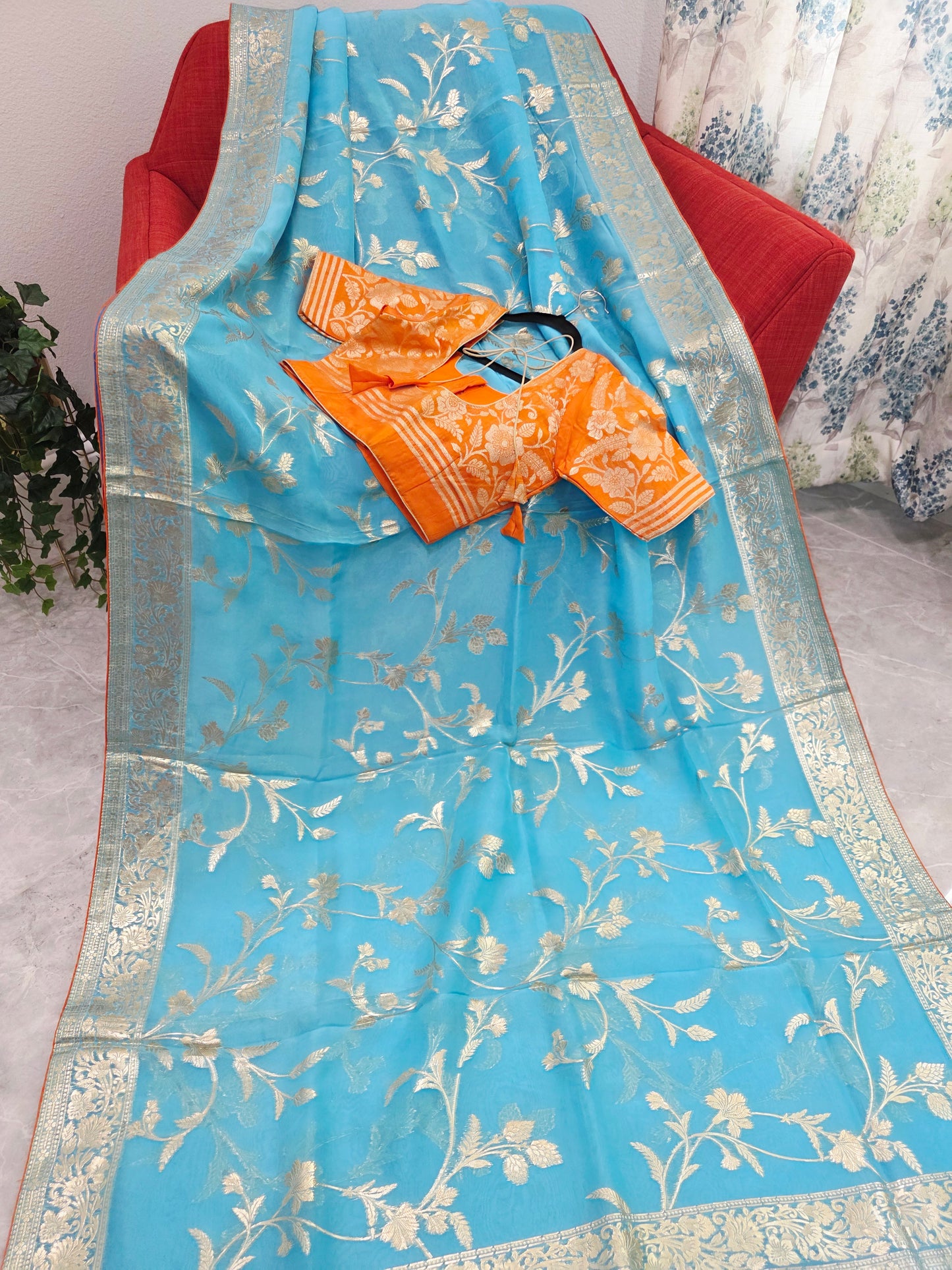 Sky Blue & Antique Gold Soft Khadi Viscose Organza Silk Saree with Floral Zari Weaving & Designer Blouse