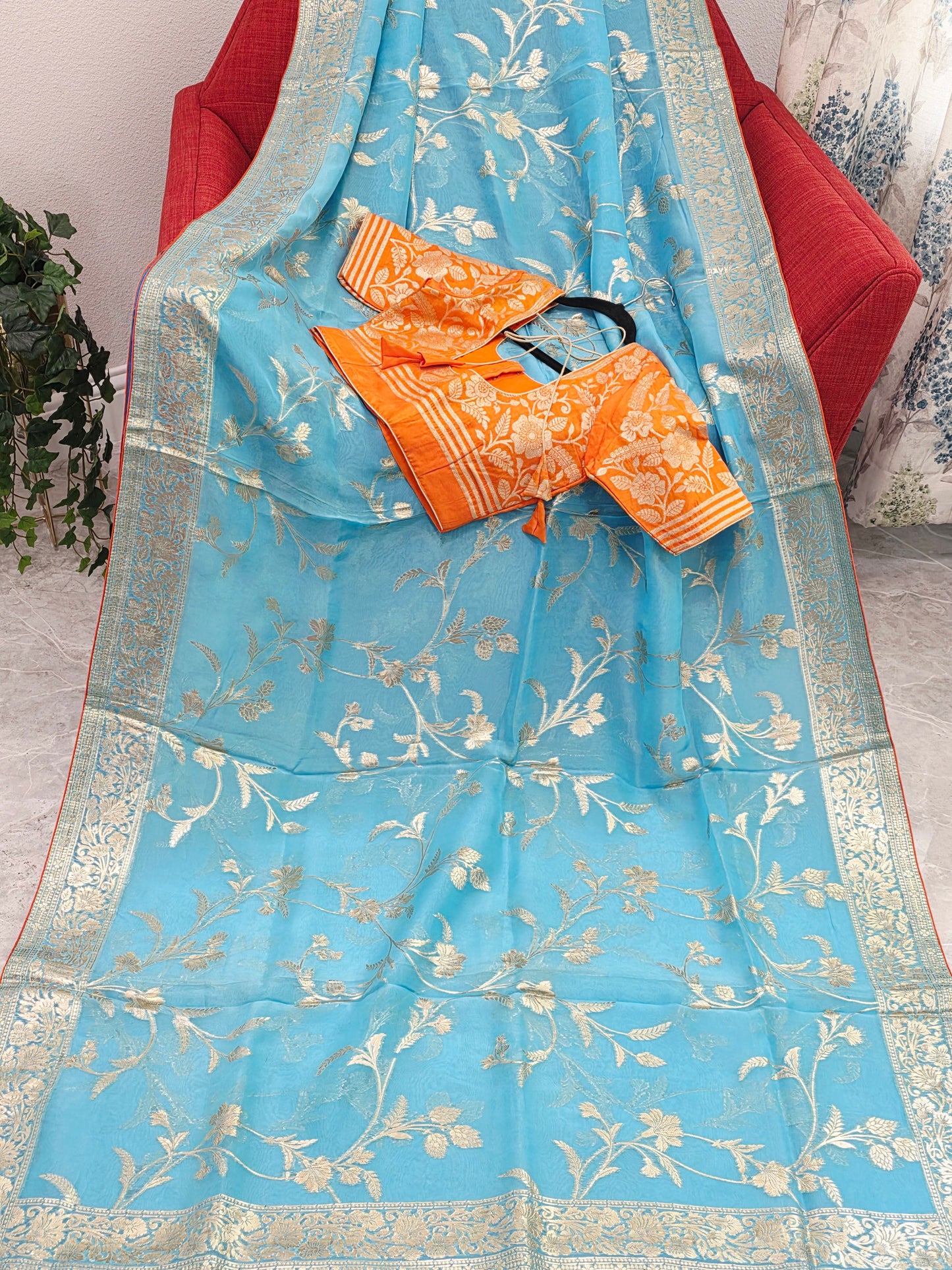 Sky Blue & Antique Gold Soft Khadi Viscose Organza Silk Saree with Floral Zari Weaving & Designer Blouse