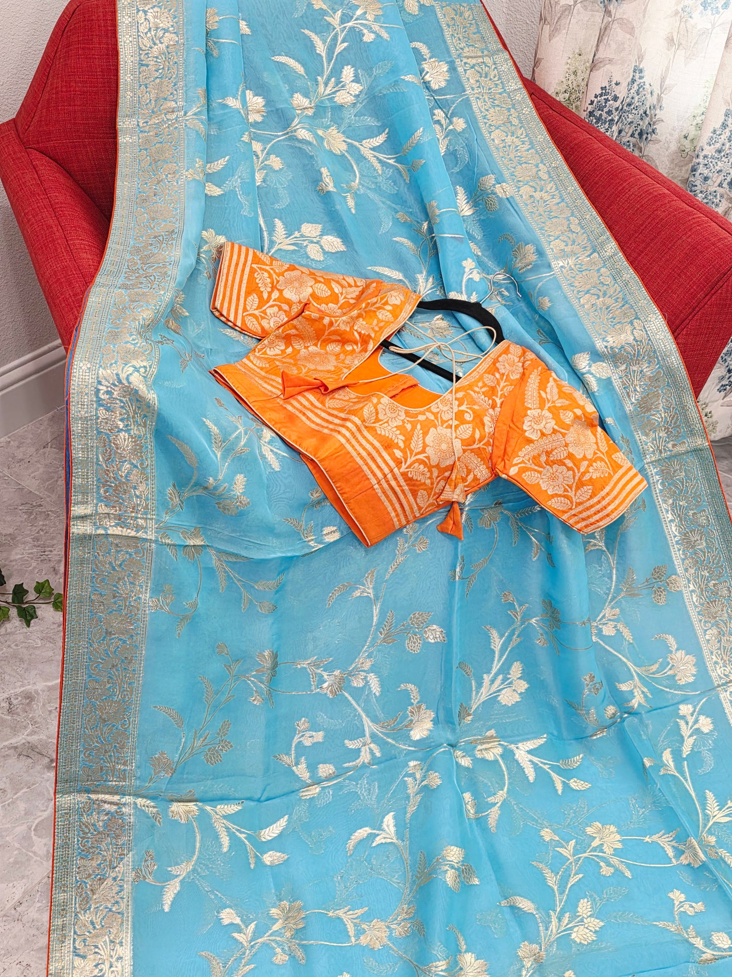 Sky Blue & Antique Gold Soft Khadi Viscose Organza Silk Saree with Floral Zari Weaving & Designer Blouse