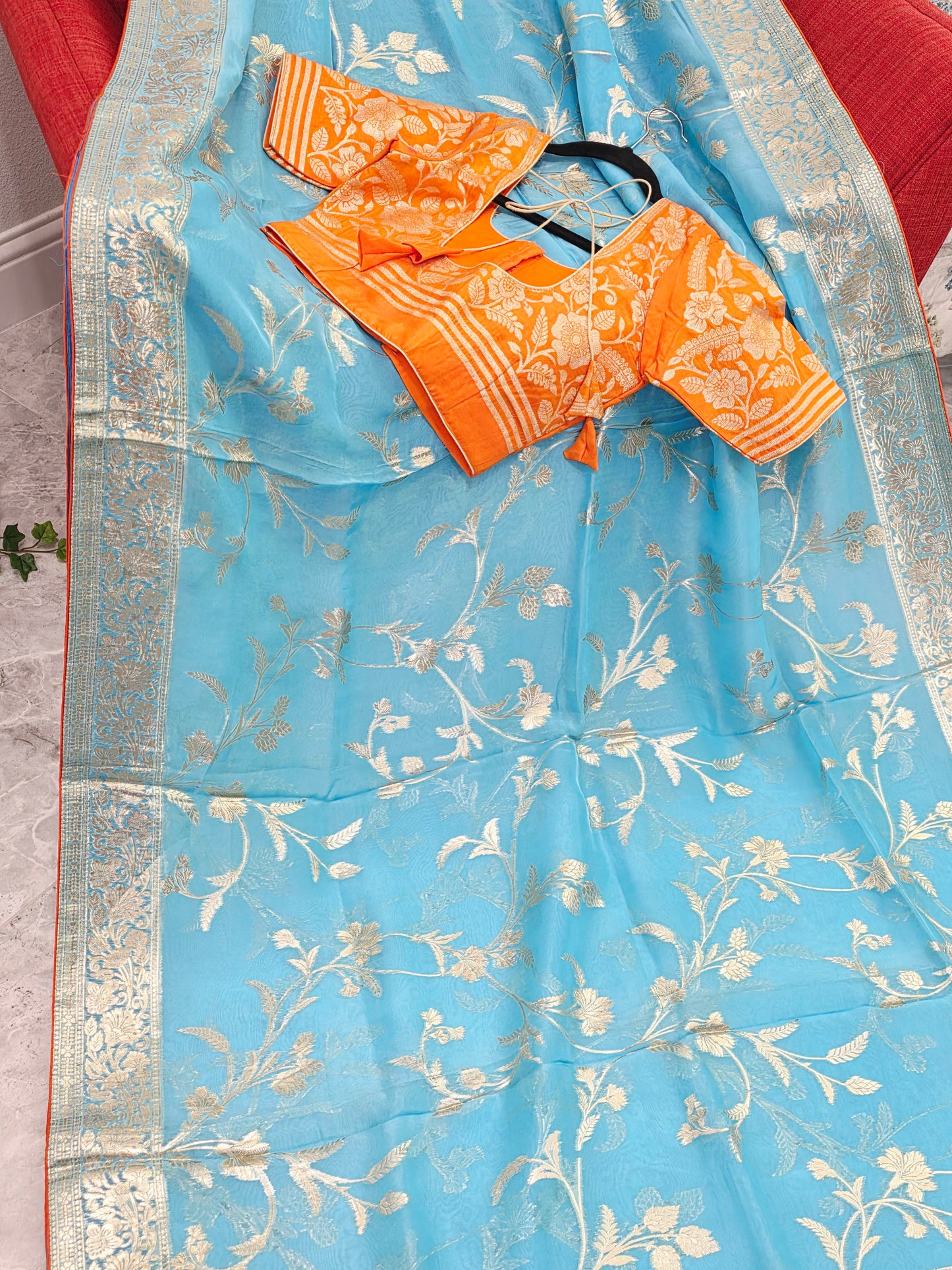 Sky Blue & Antique Gold Soft Khadi Viscose Organza Silk Saree with Floral Zari Weaving & Designer Blouse