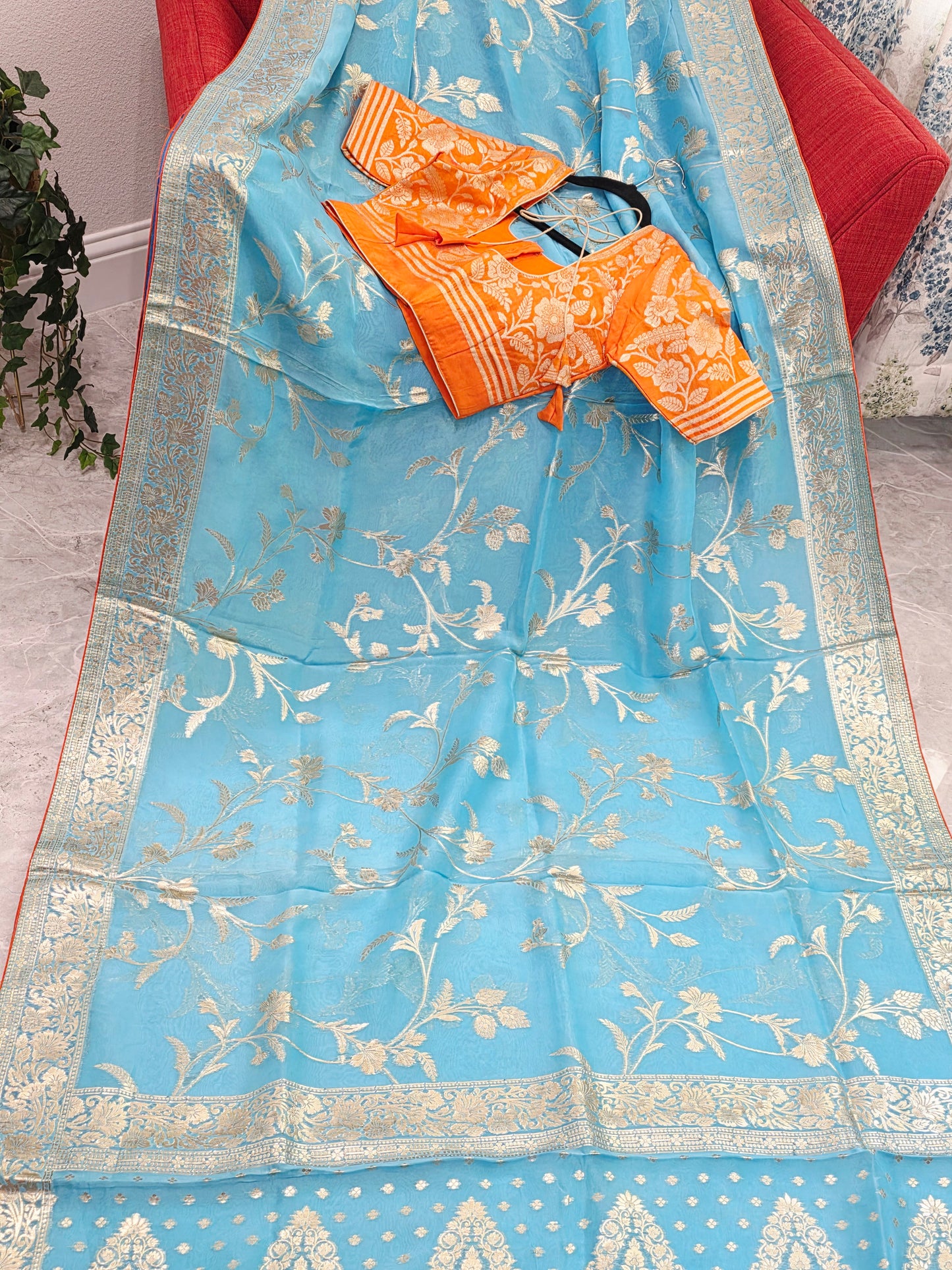 Sky Blue & Antique Gold Soft Khadi Viscose Organza Silk Saree with Floral Zari Weaving & Designer Blouse